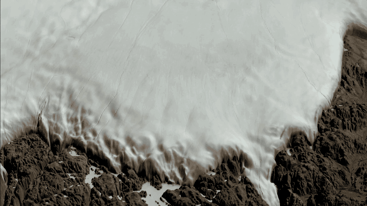 Two views of the Hiawatha crater region: one covered by the Greenland Ice Sheet, the other showing the topography of the rock beneath the ice sheet, including the crater.