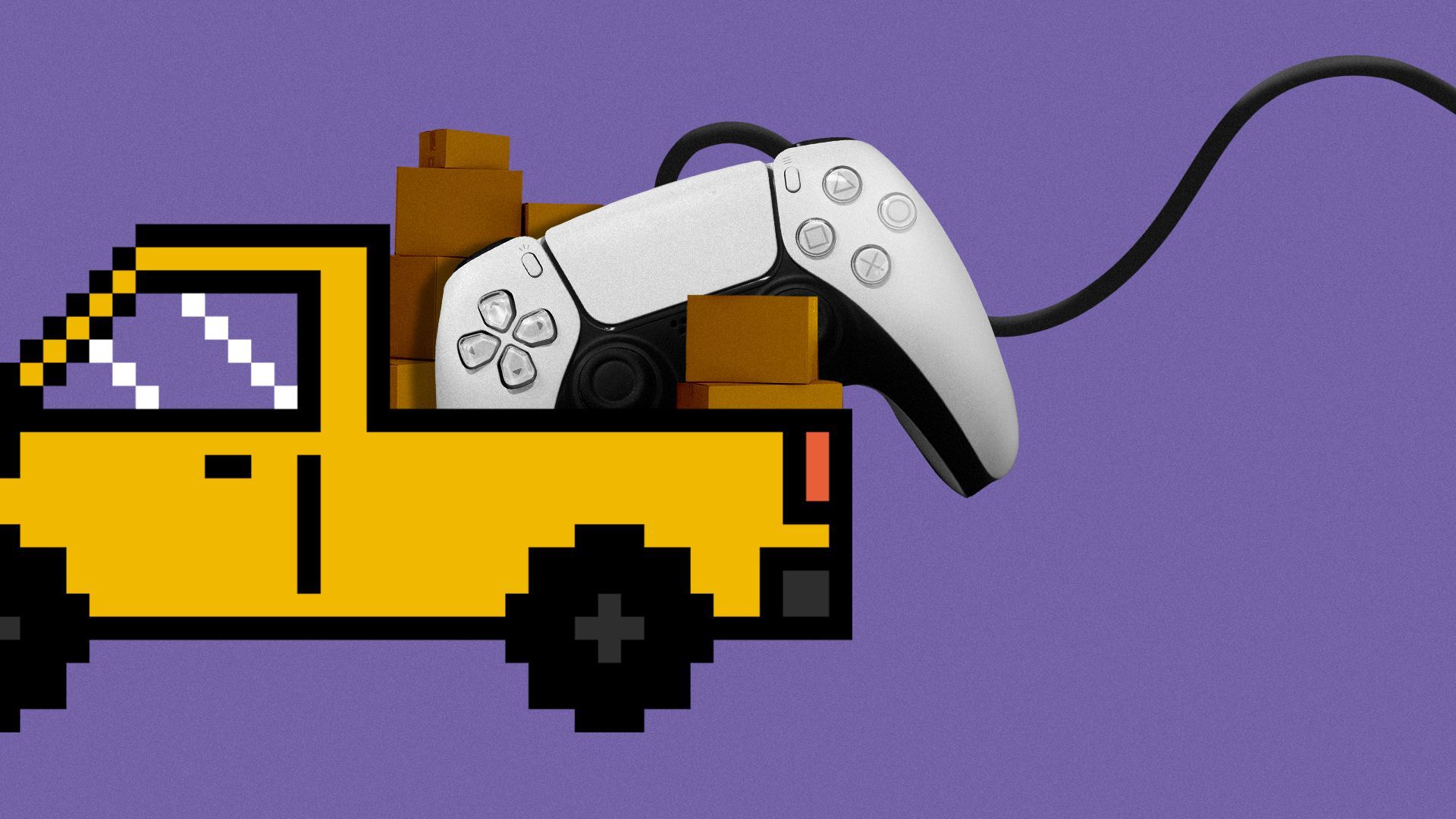 Illustration of a PS5 controller and moving boxes in the bed of a pixellated truck.