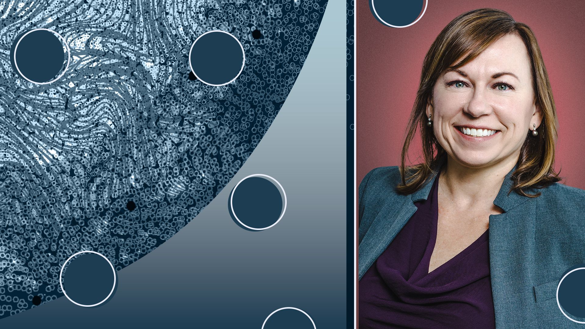 Photo illustration of Jenny Rooke the founder and managing director at Genoa Ventures surrounded by circles and abstract bio-tech images. 