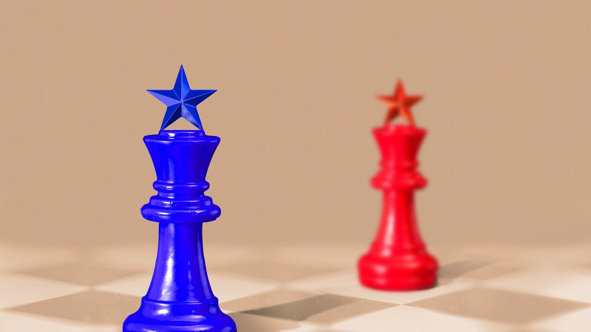 Illustration of chessboard with red and blue pieces facing each other.