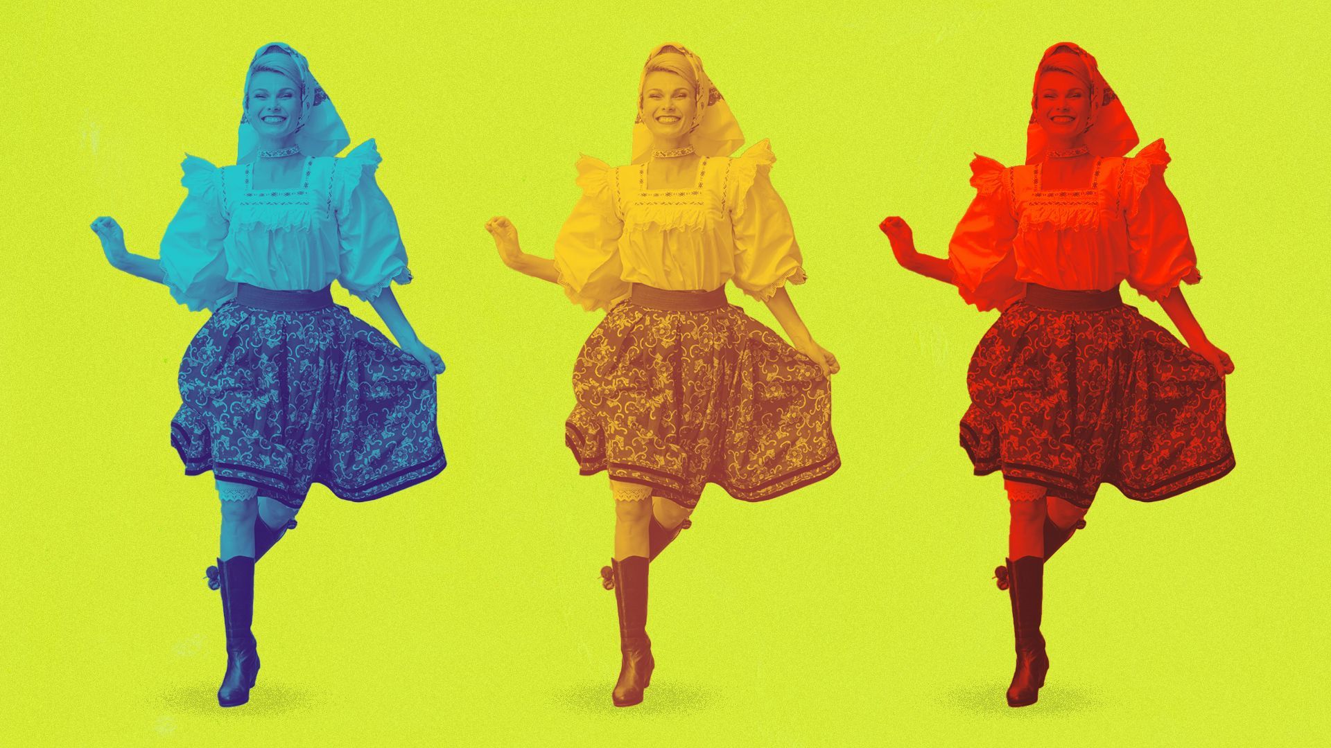 Photo illustration of a repeating pattern of a woman dancing in Romanian traditional wear. 