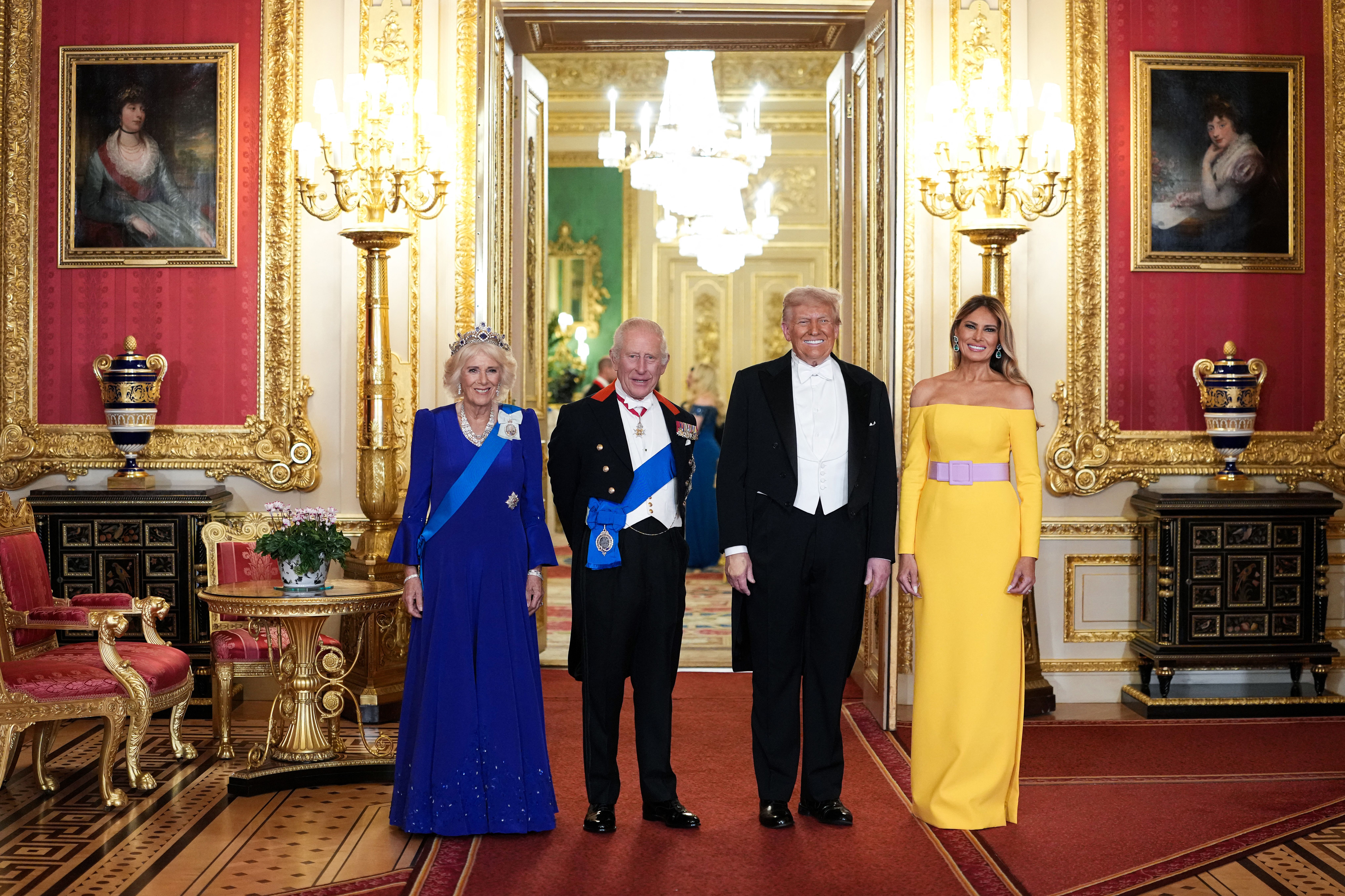 Queen Camilla, King Charles III, President Trump and First Lady Melania Trump attend last night's State Banquet.
