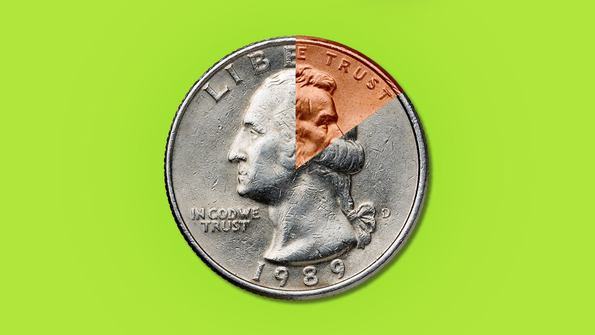 Illustration of a pie chart made from a quarter and a piece of a penny.