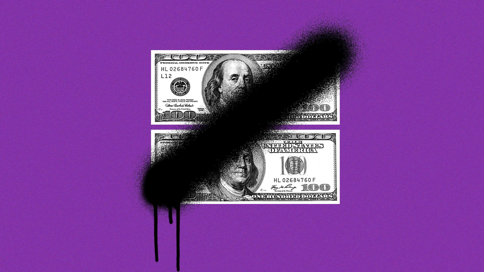 Illustration of two dollar bills forming an equal sign with a no symbol crossing through them. 