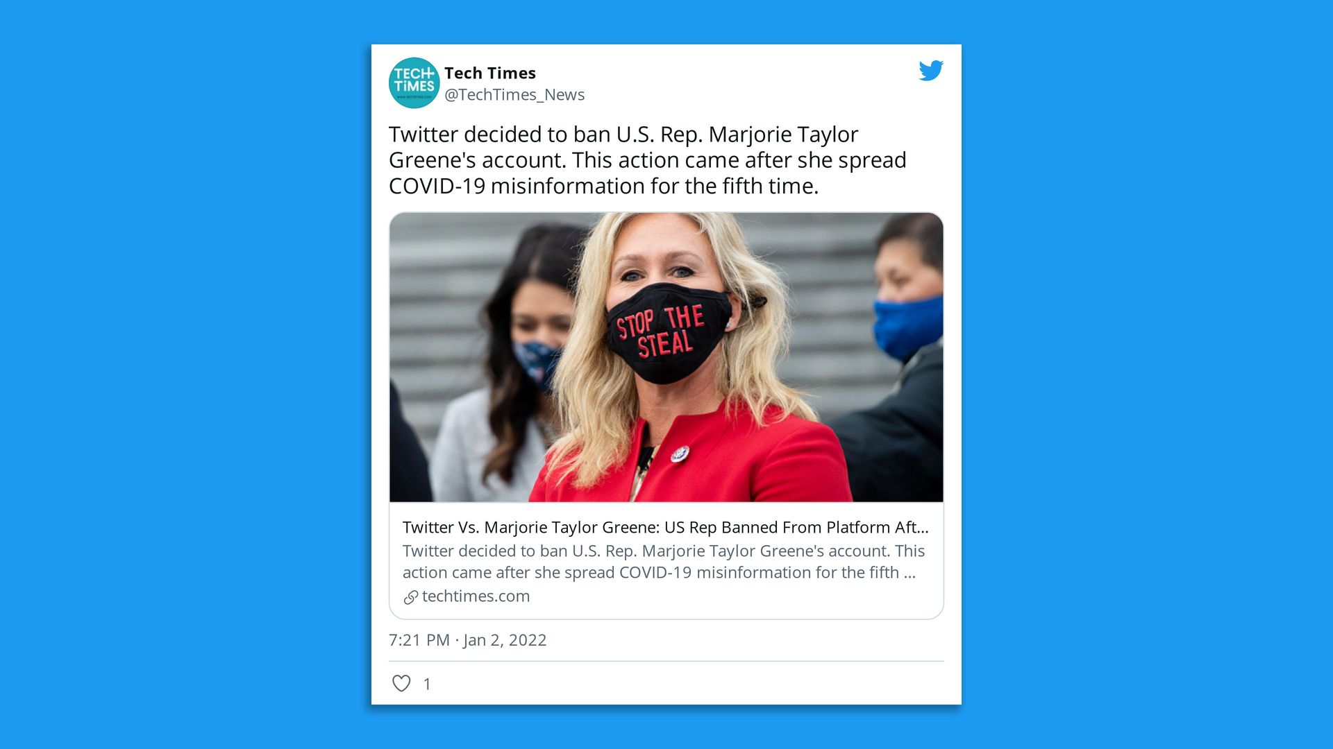 A screenshot shows a tweet explaining Rep. Marjorie Taylor Greene's personal ban from Twitter.