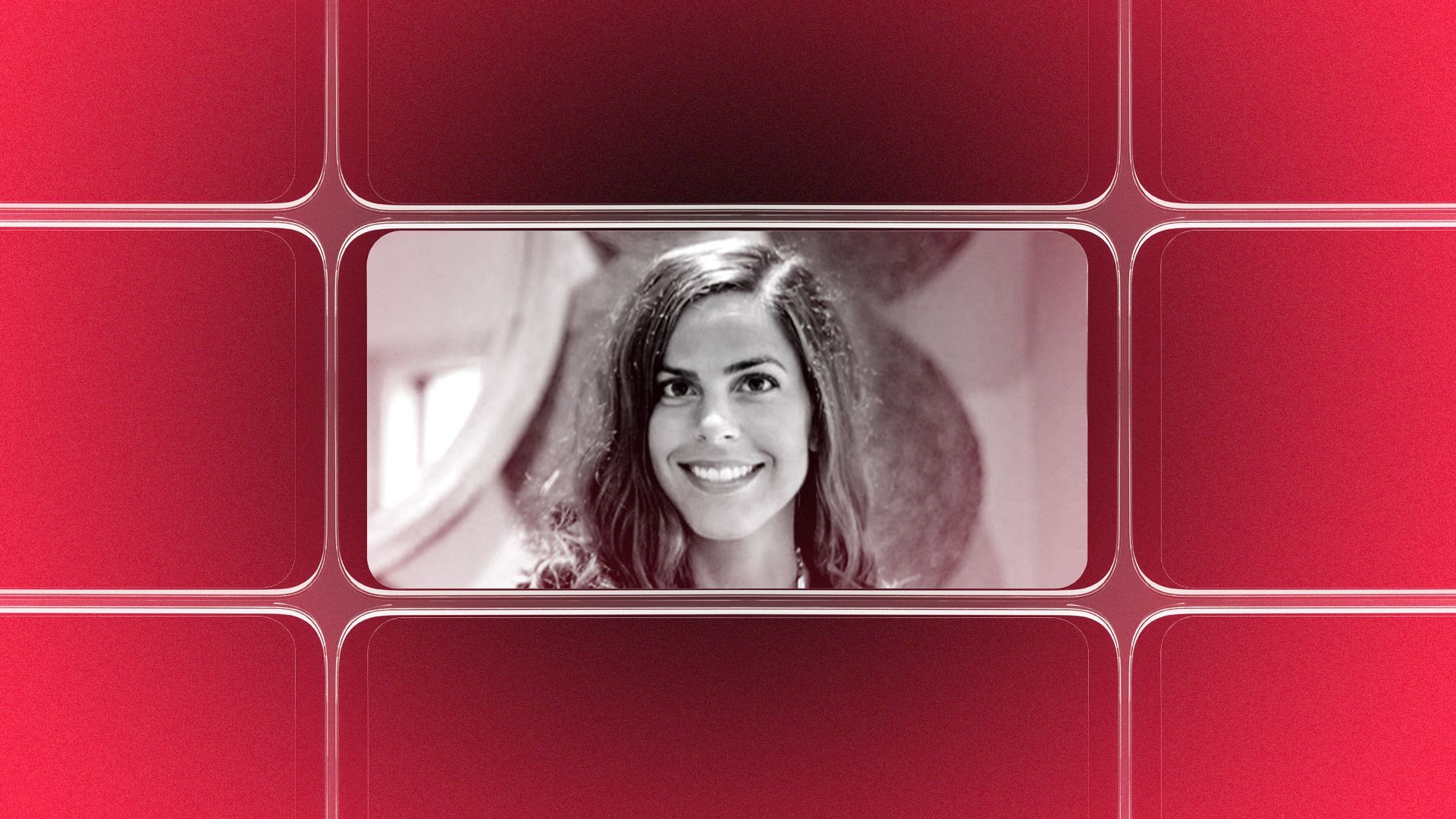 Photo illustration of a grid of smartphone screens, the center one showing an image of Ashley Dietz.