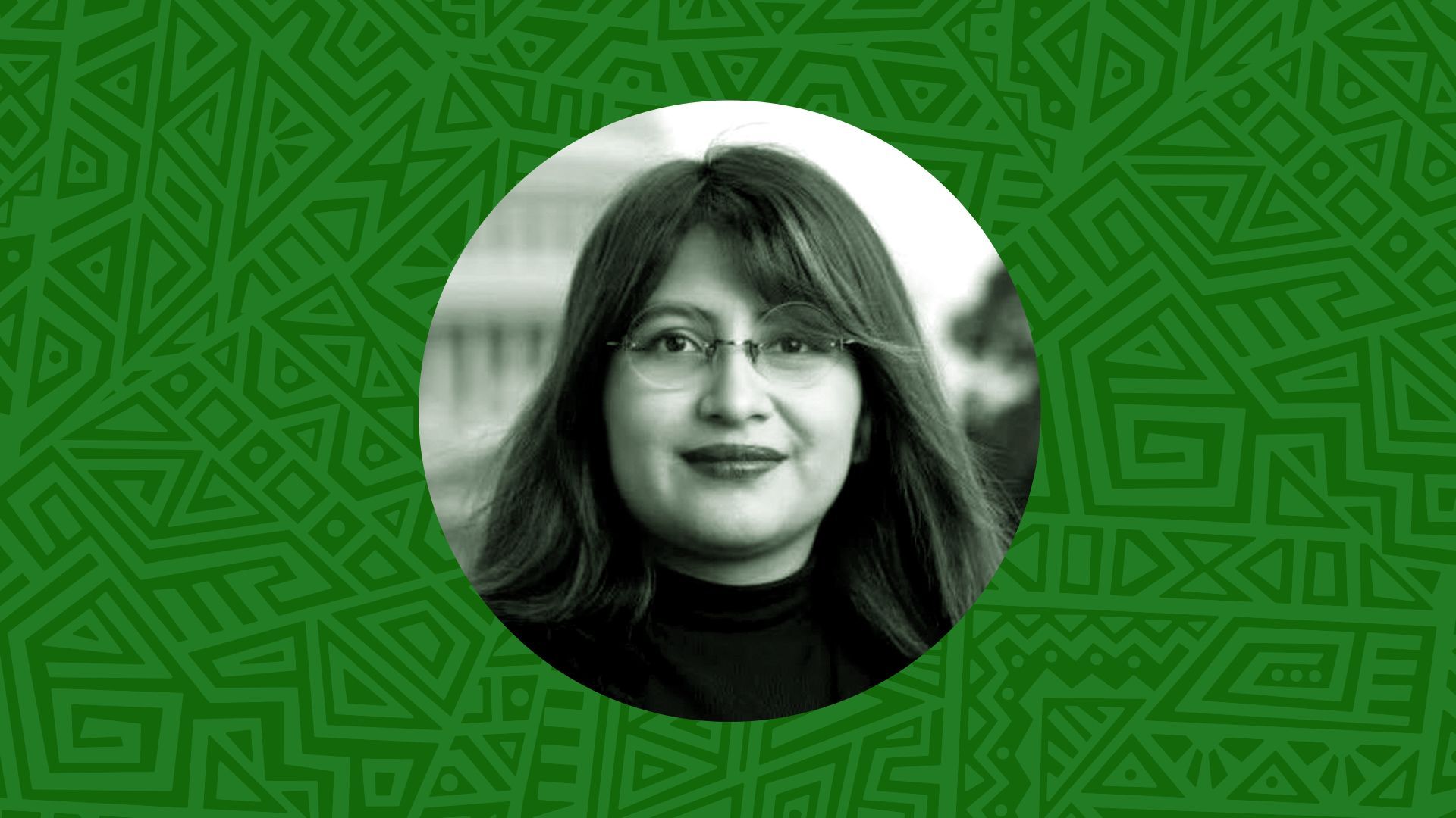 Photo illustration of Karla Rodriguez in a circular frame surrounded by a patterned background.