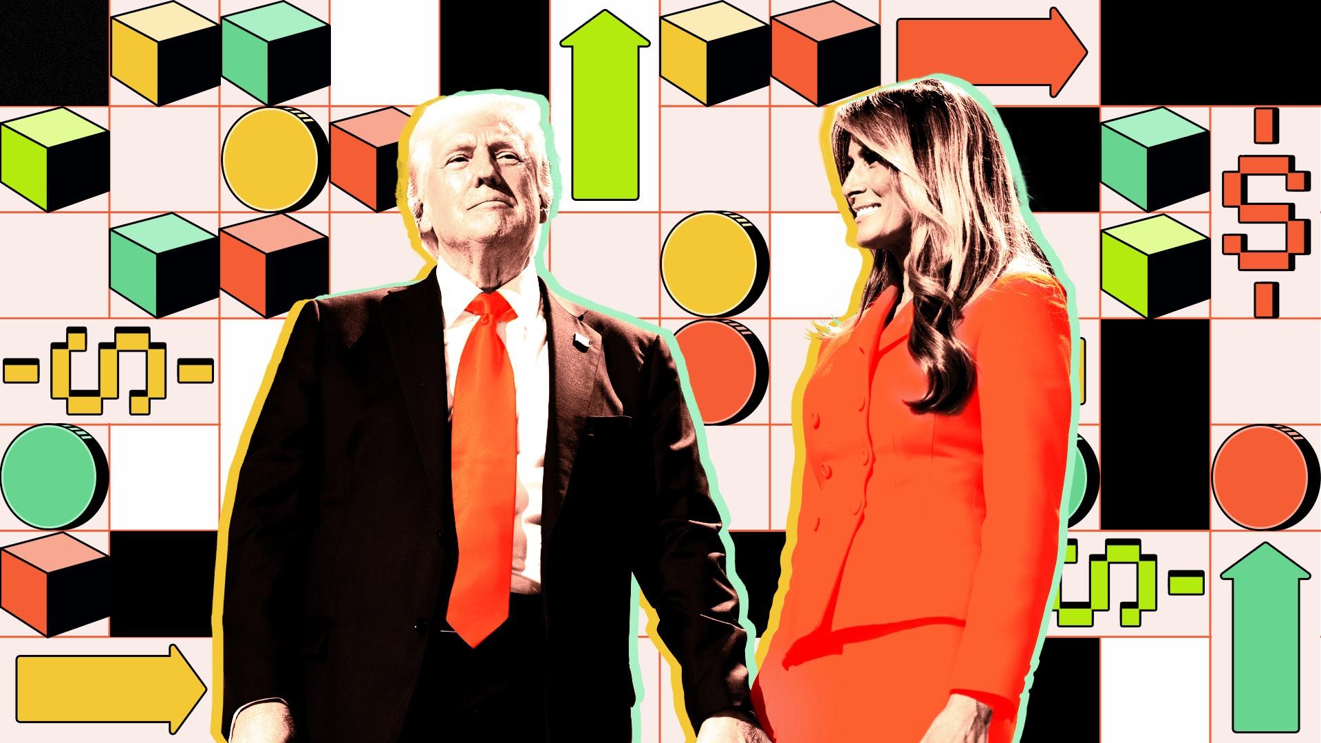 Photo illustration of President Donald Trump and First Lady Melania holding hands over a background grid of arrows, coins, and dollar signs