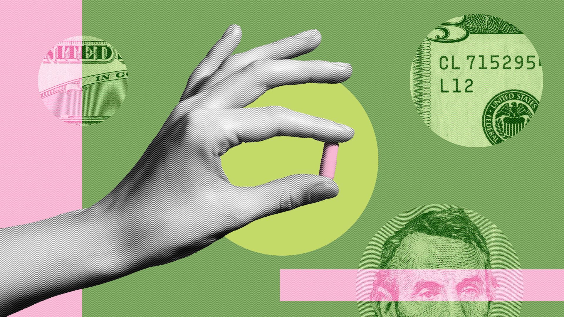 Illustration of a hand holding a pill surrounded by various shapes and money