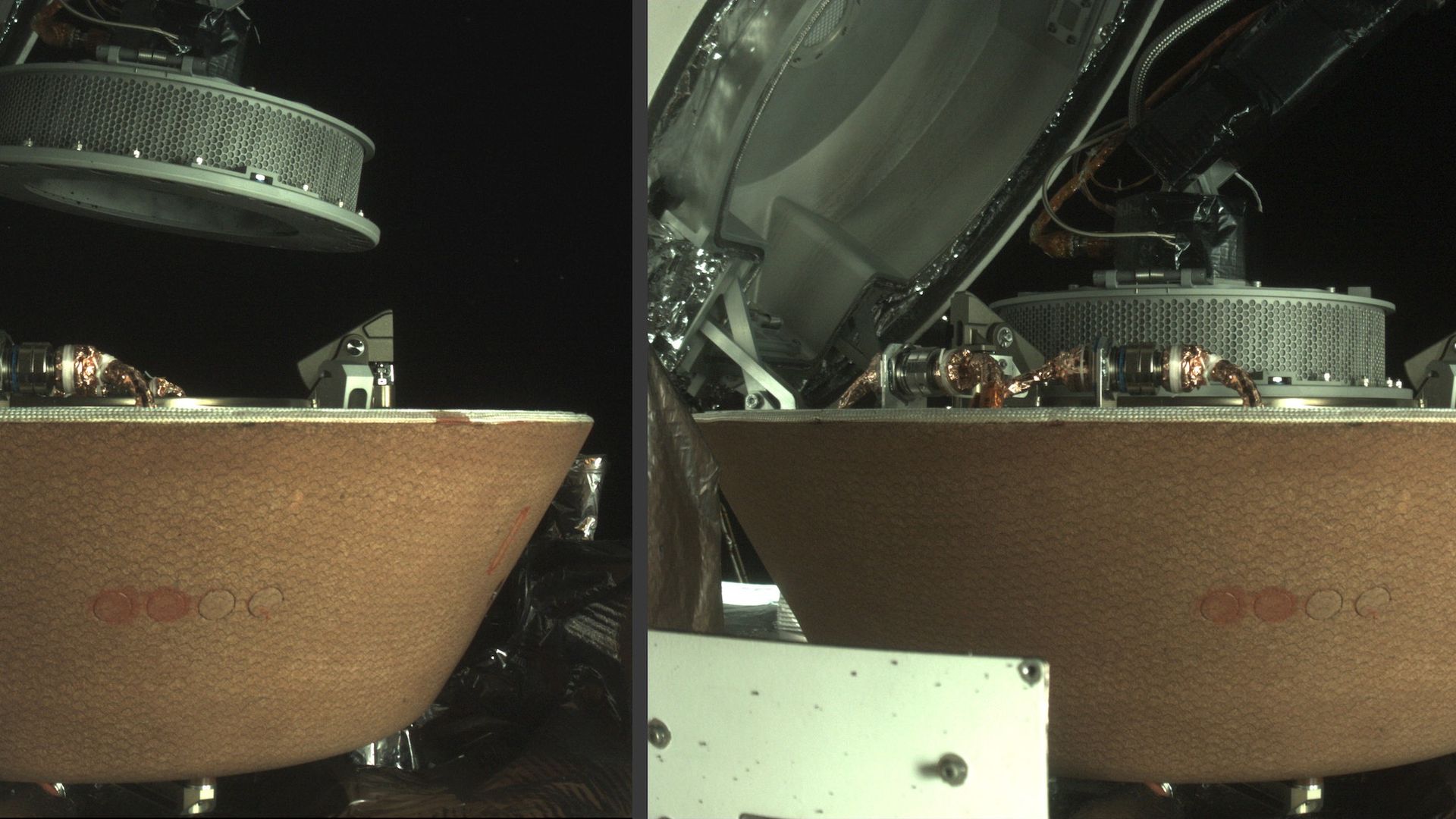 A side by side of osiris rex stowing its sample