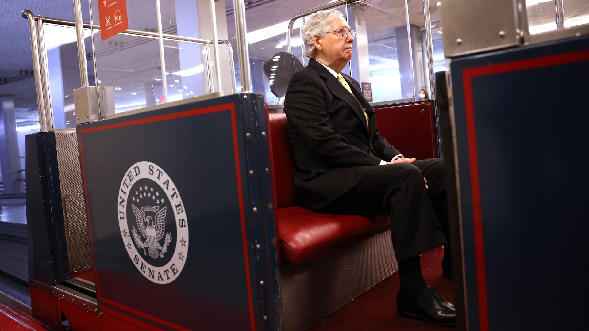 Senate Minority Leader Mitch McConnell is seen sitting in a Capitol subway car.