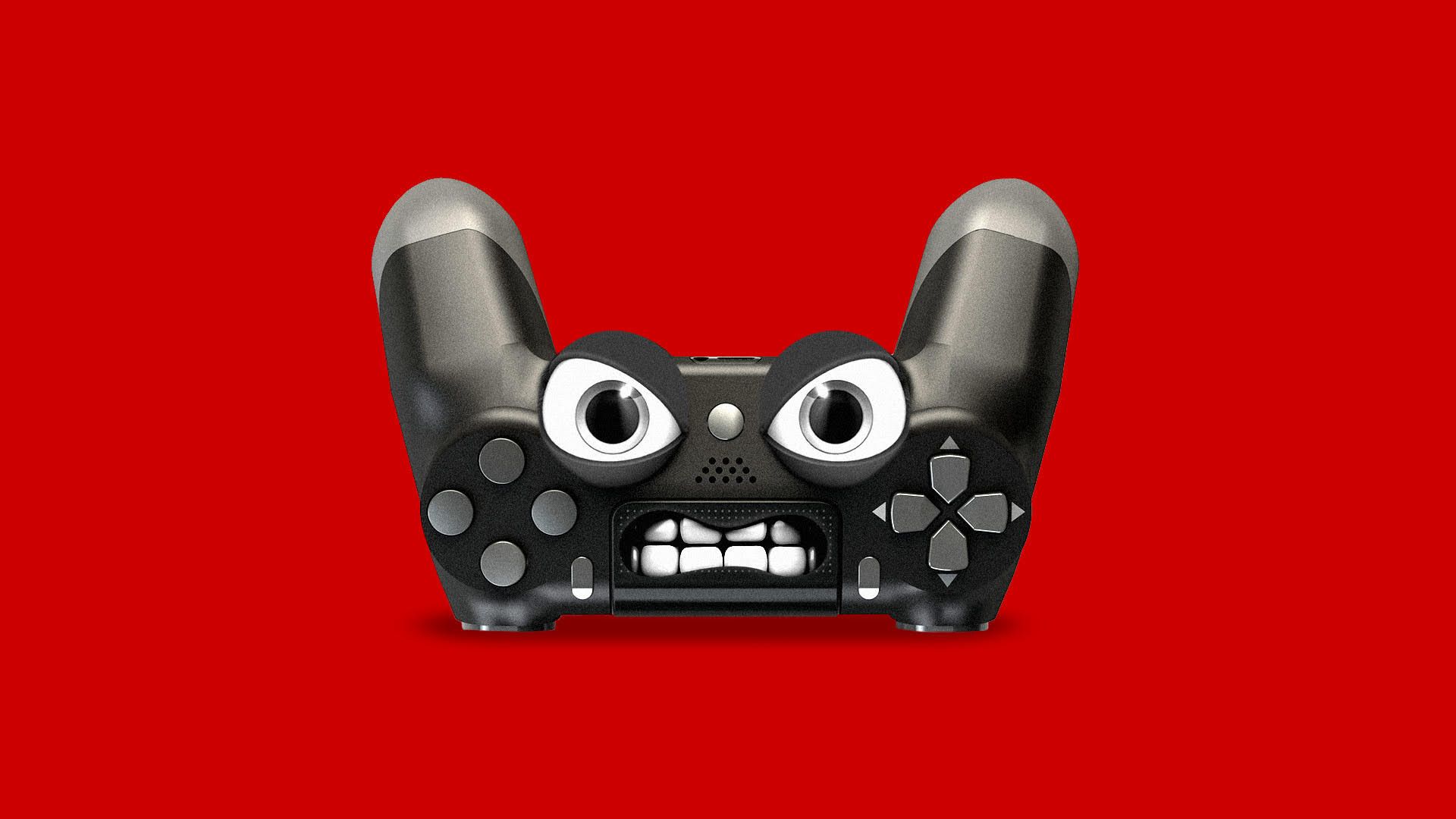 A video game controller with an angry face