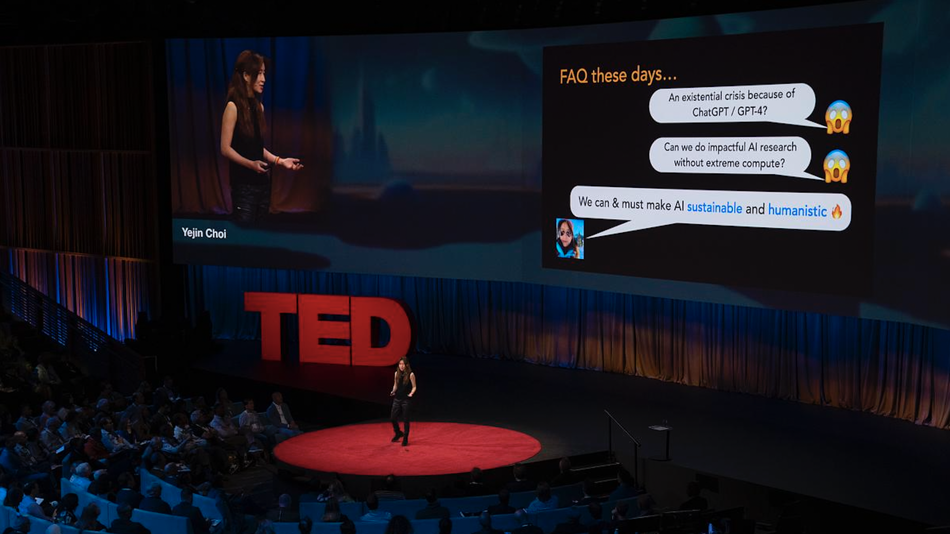 Yejin Choi, speaking at TED2023. 