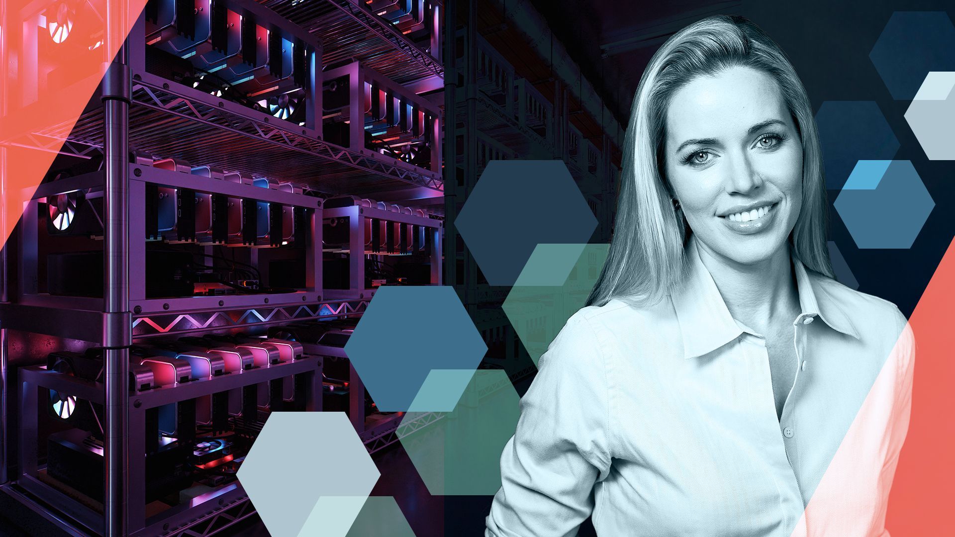 Photo illustration of Sue Ennis, a crypto mining facility, and abstract shapes.