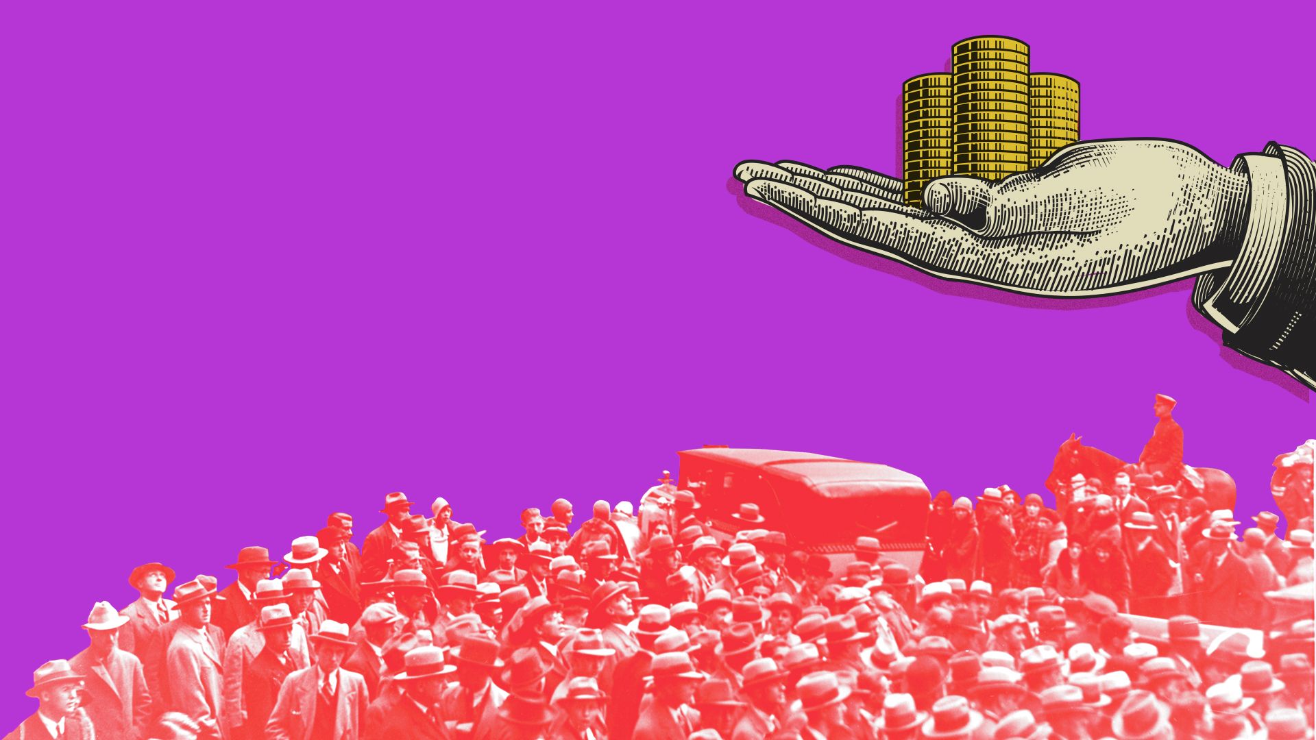 Photo collage of crowds during the stock market crash and a woodcut of a hand holding out coins.