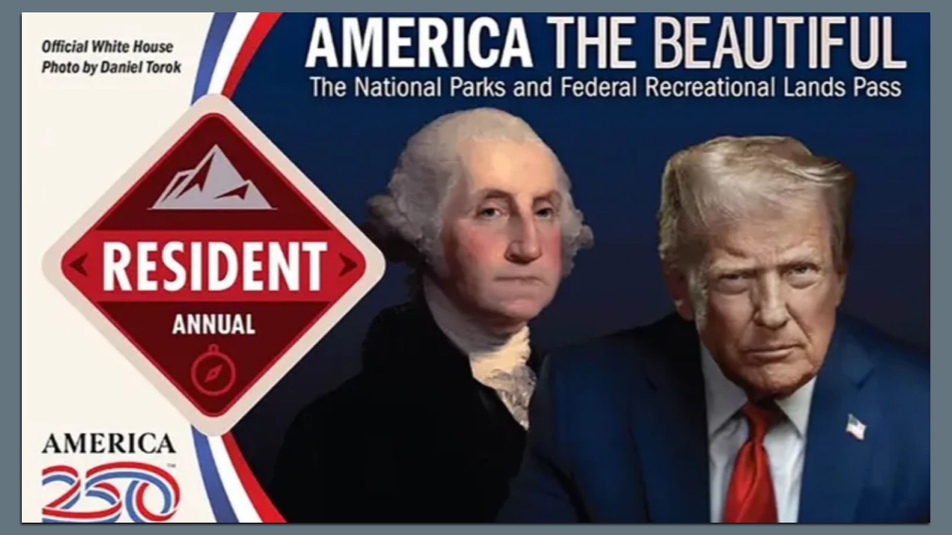 National Parks Pass design titled "America The Beautiful" featuring portraits of George Washington and President Trump with red, white, and blue accents 