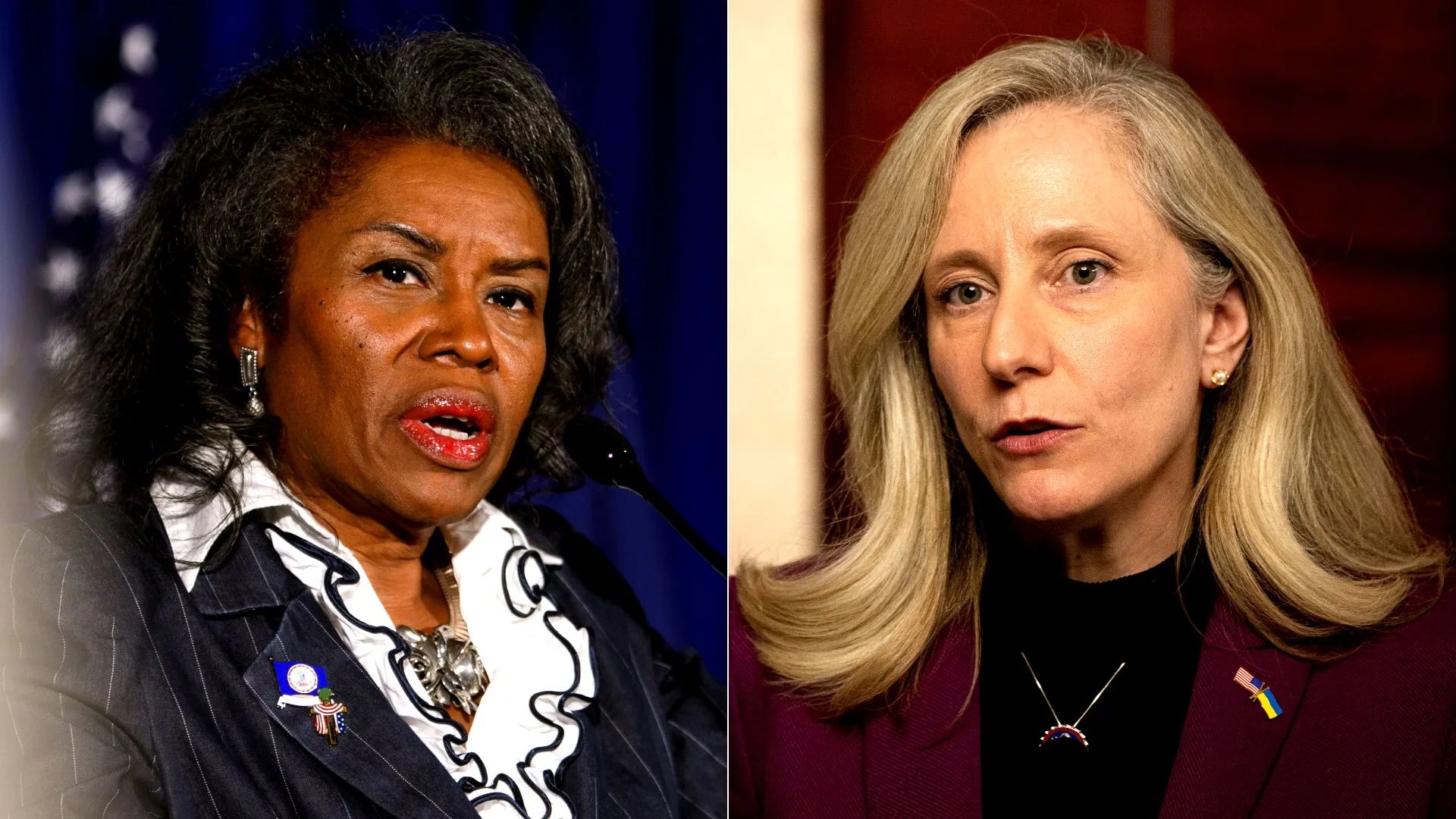 Split image of two women speaking. Left: Black woman in dark pinstripe suit with white ruffled shirt and patriotic pin. Right: White woman with blonde hair in maroon blazer and flag pins.