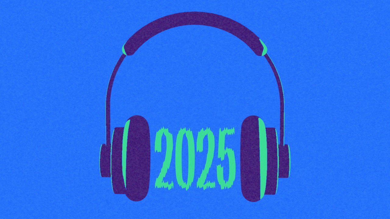 Animated illustration of a pair of rotating headphones. The year 2025 is in between the earpieces, and is being distorted with a rippling wave pattern.