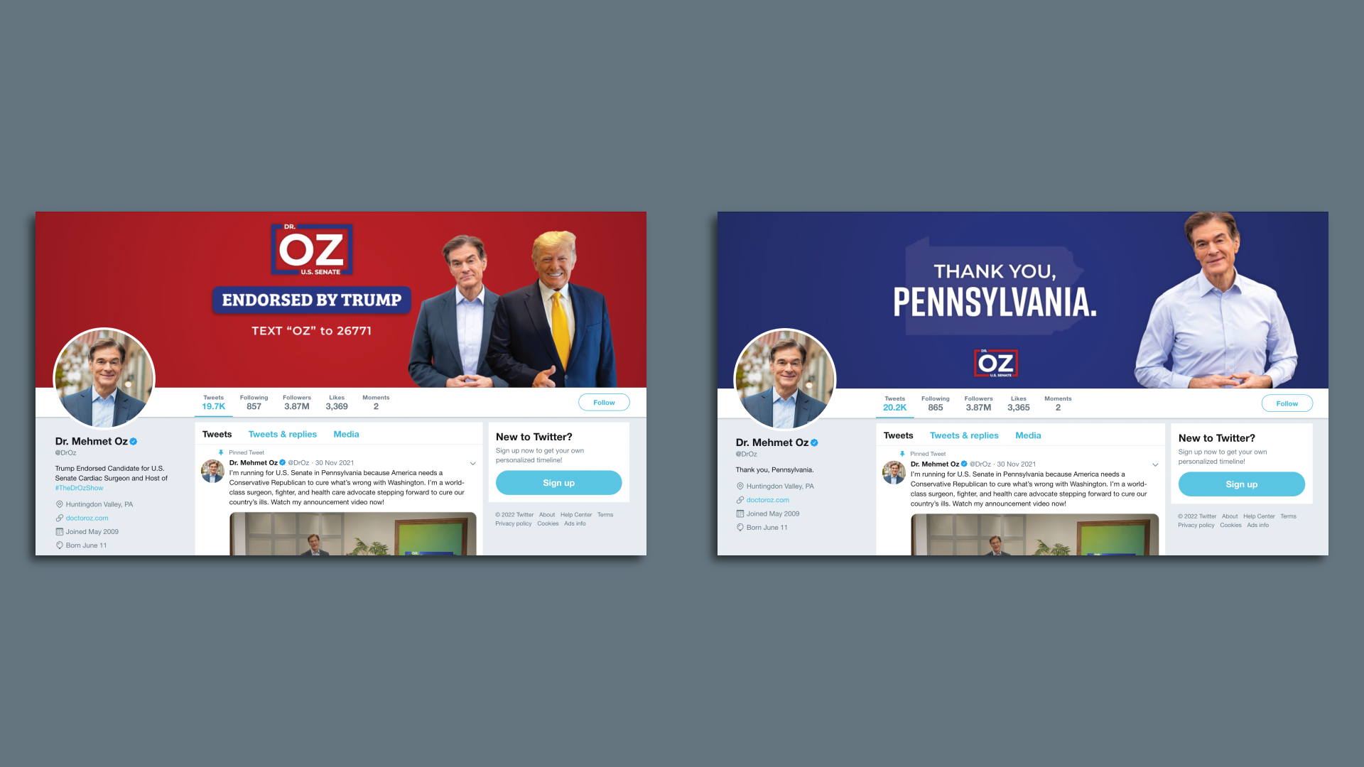 Twitter page of GOP Senate candidate Mehmet Oz on April 15 (left) and June 14 (right).  Source: Internet Archive