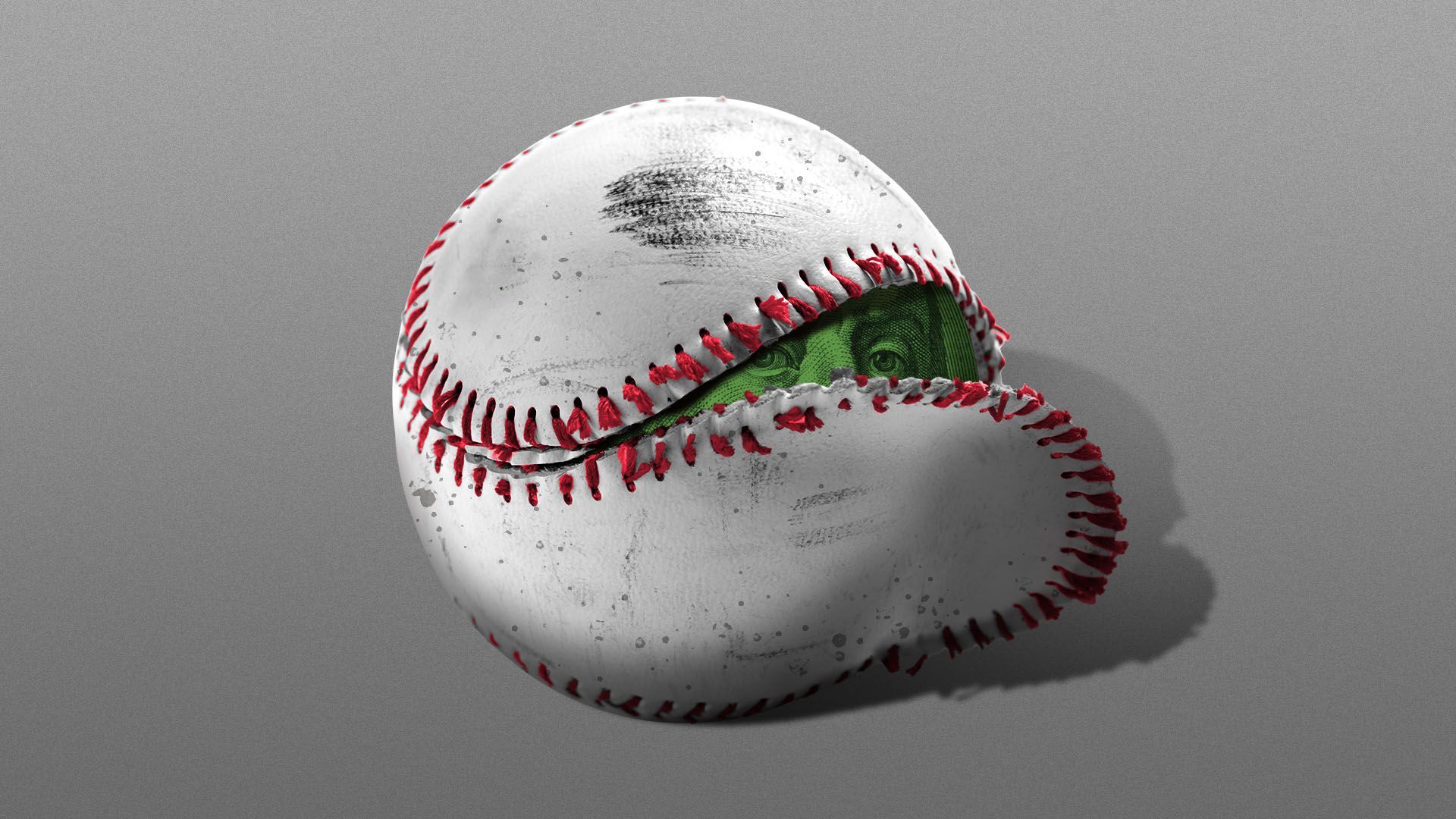 Illustration of a baseball with the stitching coming apart revealing a dollar bill inside
