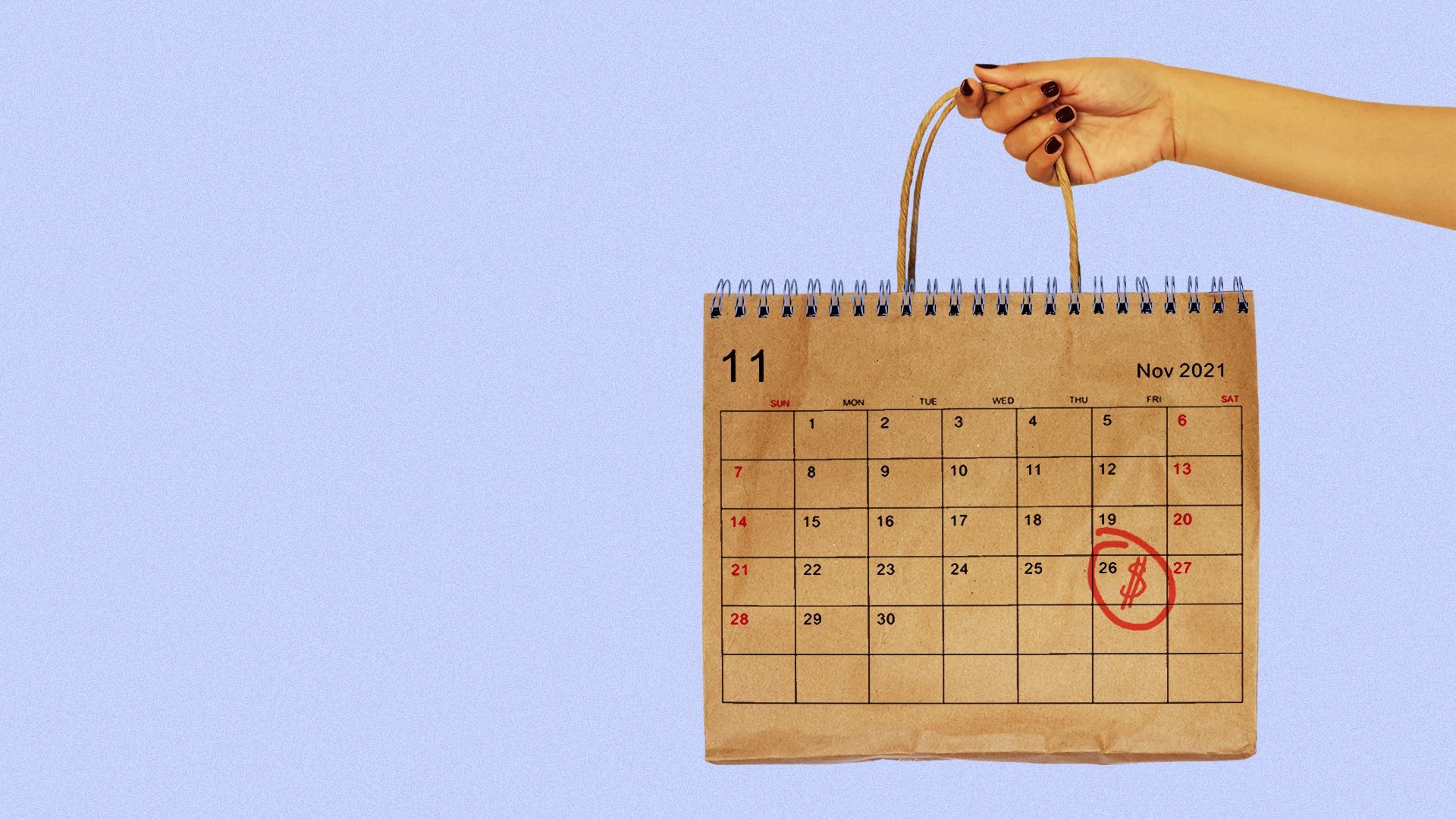 Illustration of a hand holding a bag with a November 2021 calendar on it