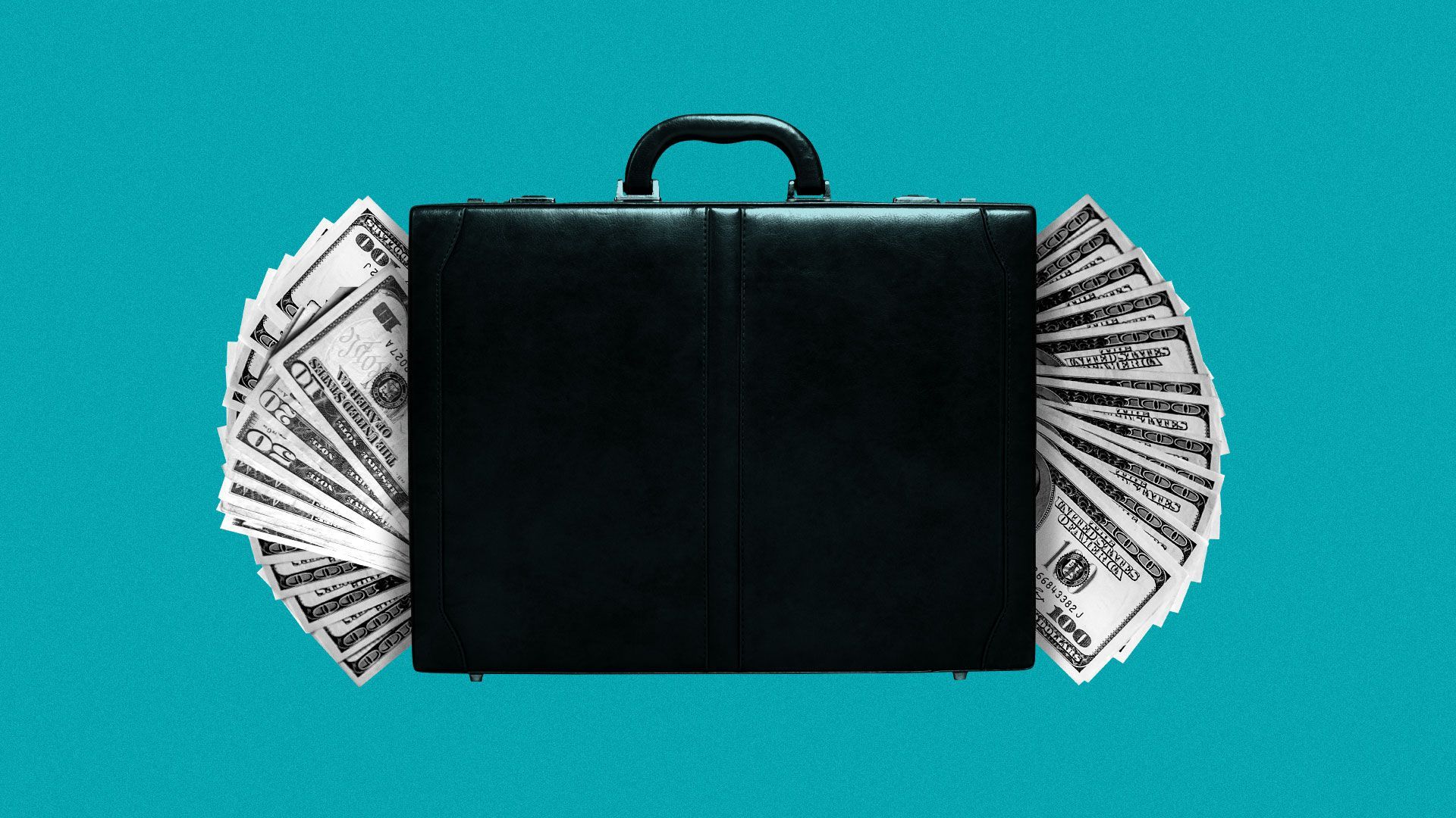 Illustration of briefcase full of 100 and 20 dollar bills