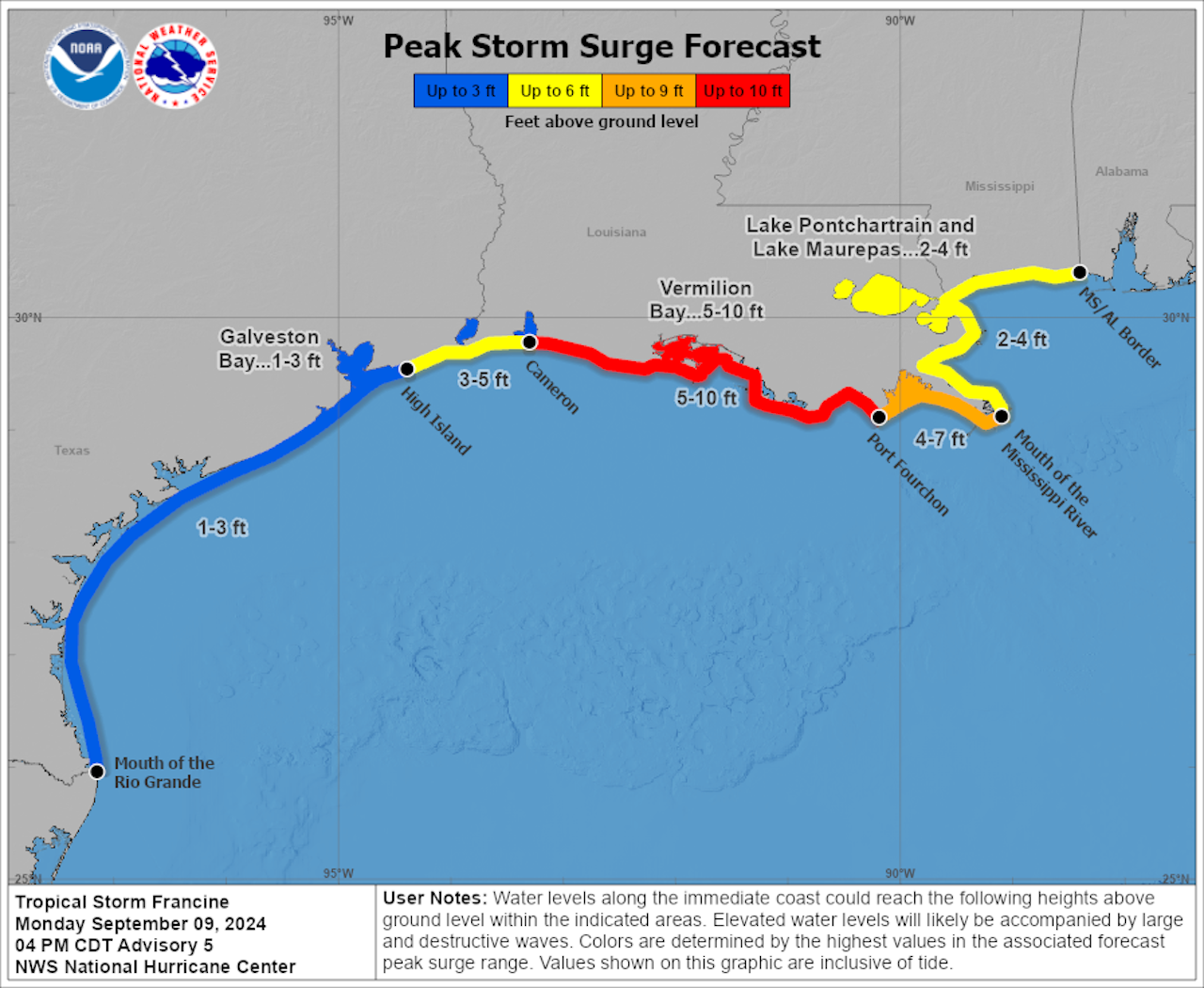 Map showing the forecast peak storm surge amounts from Tropical Storm Francine.