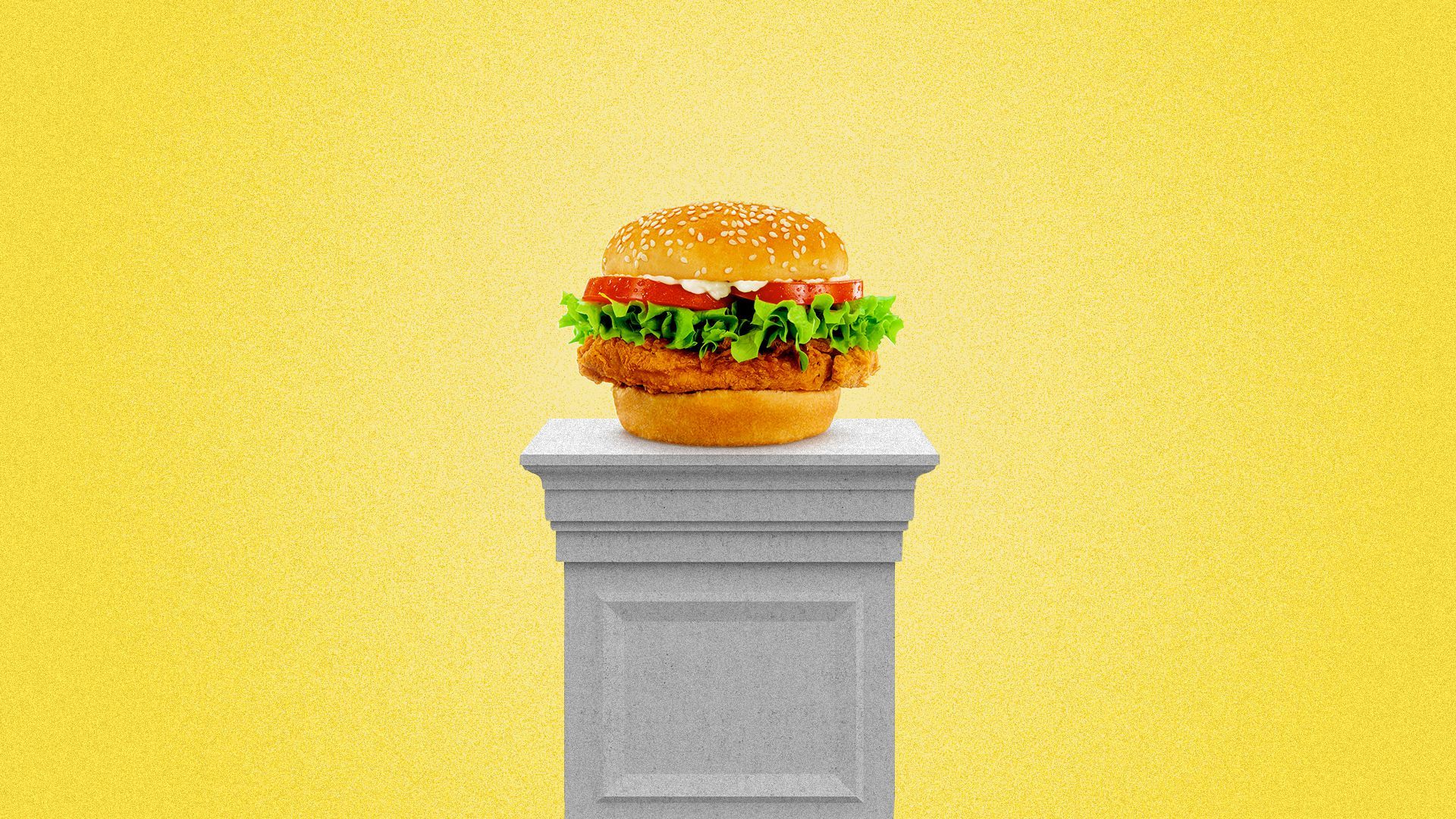 Illustration of a chicken sandwich illuminated on a pedestal.