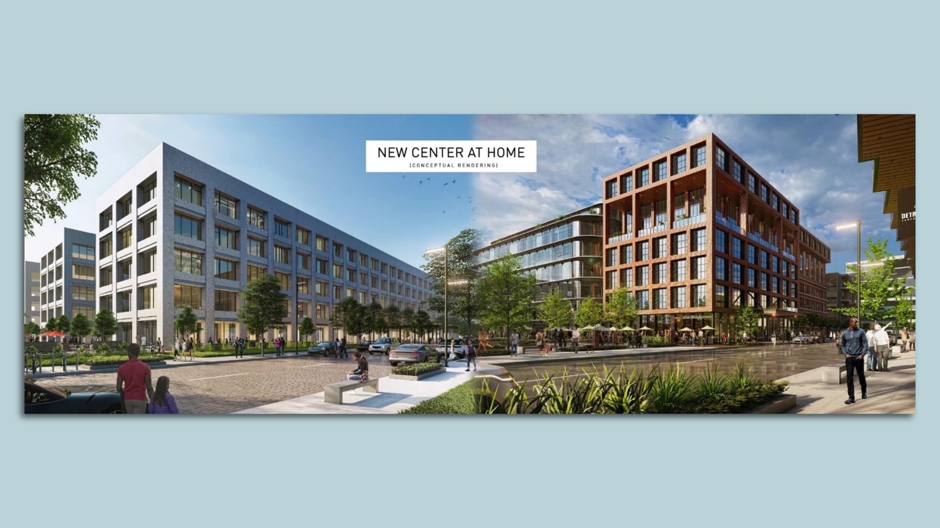 A rendering of two buildings with people walking around them and green space between.