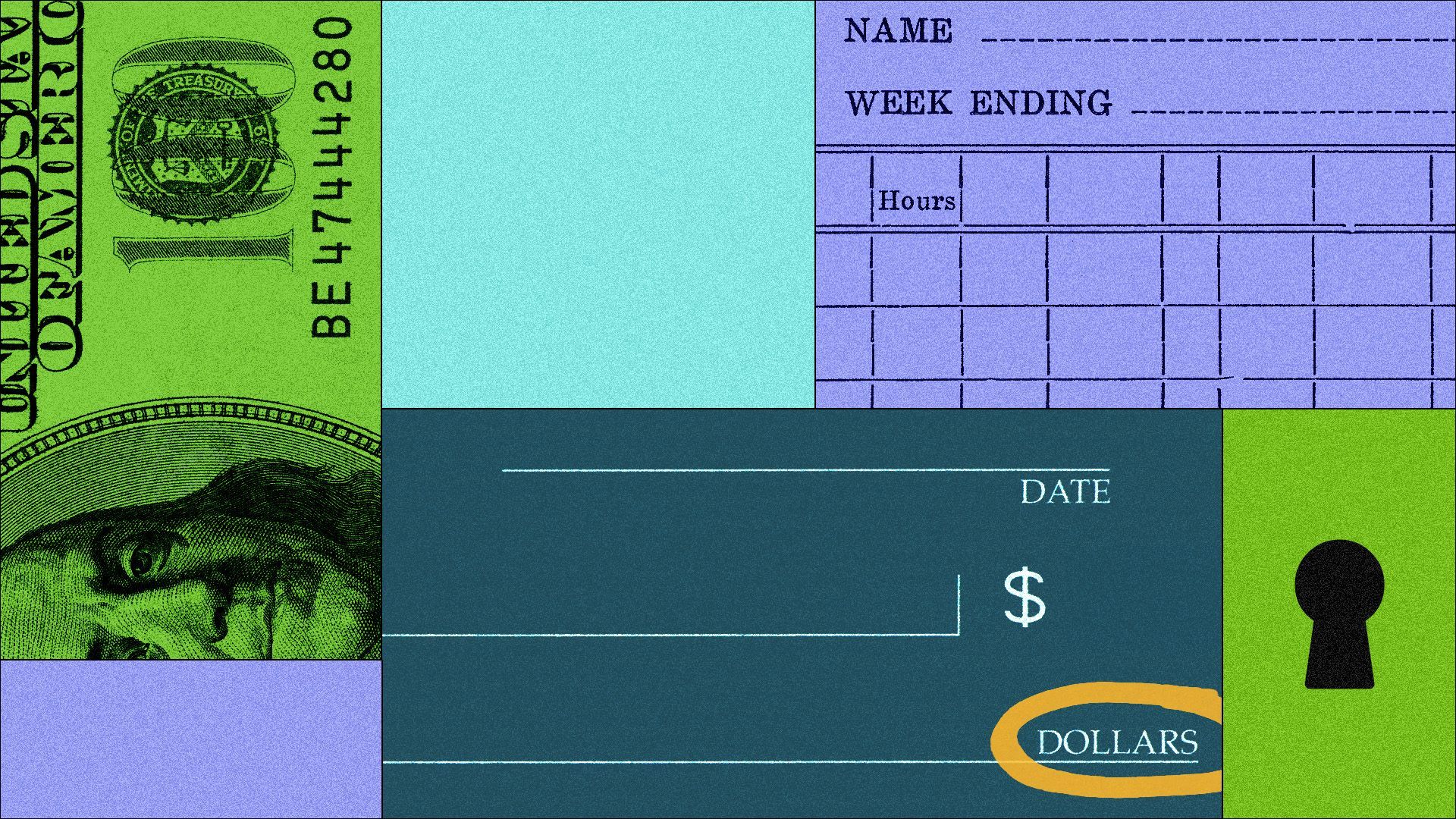 a collage of timesheets, dollar bills, checks and a keyhole
