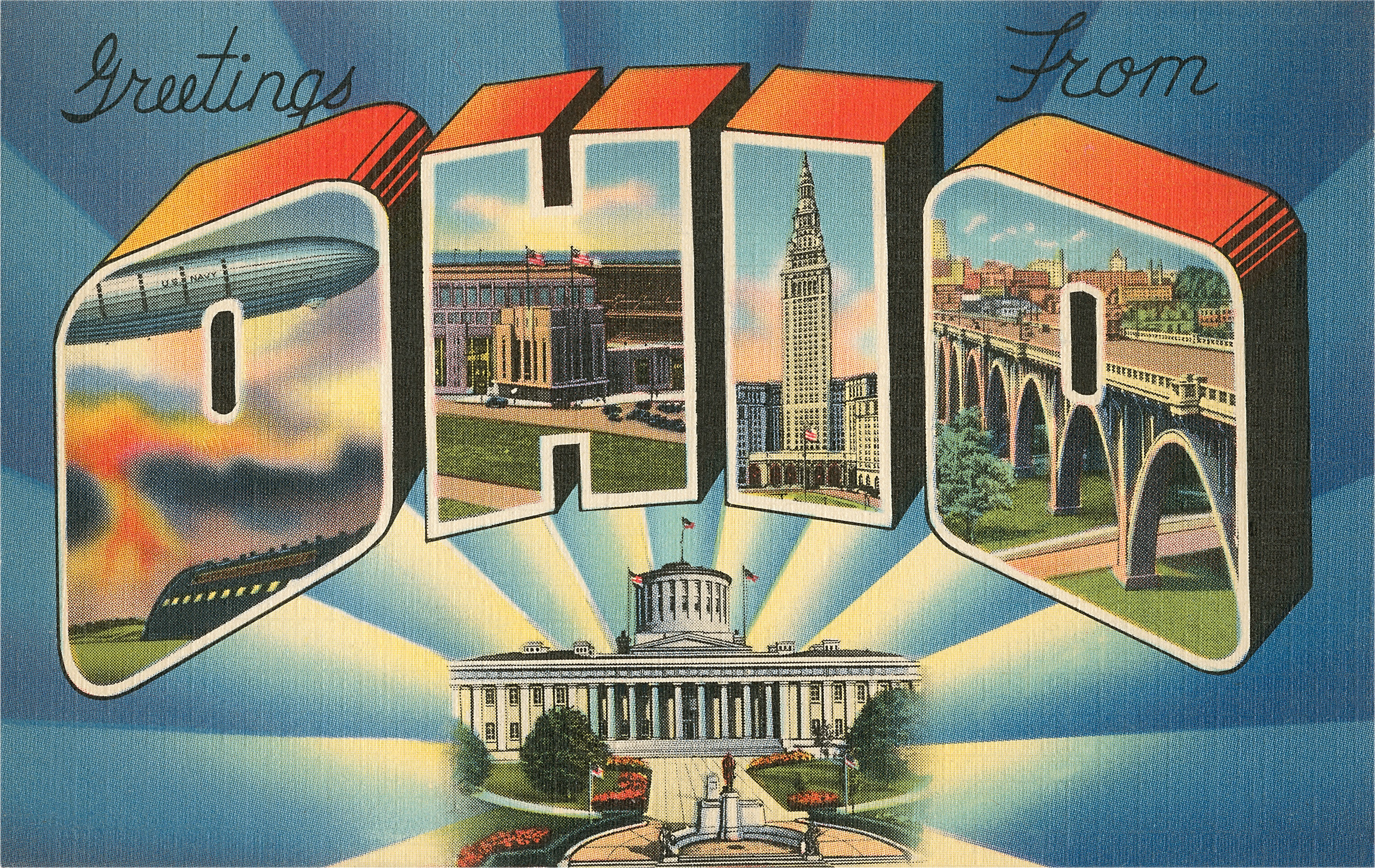 A vintage postcard reads "Greetings from Ohio," with landmarks inside the block O-H-I-O