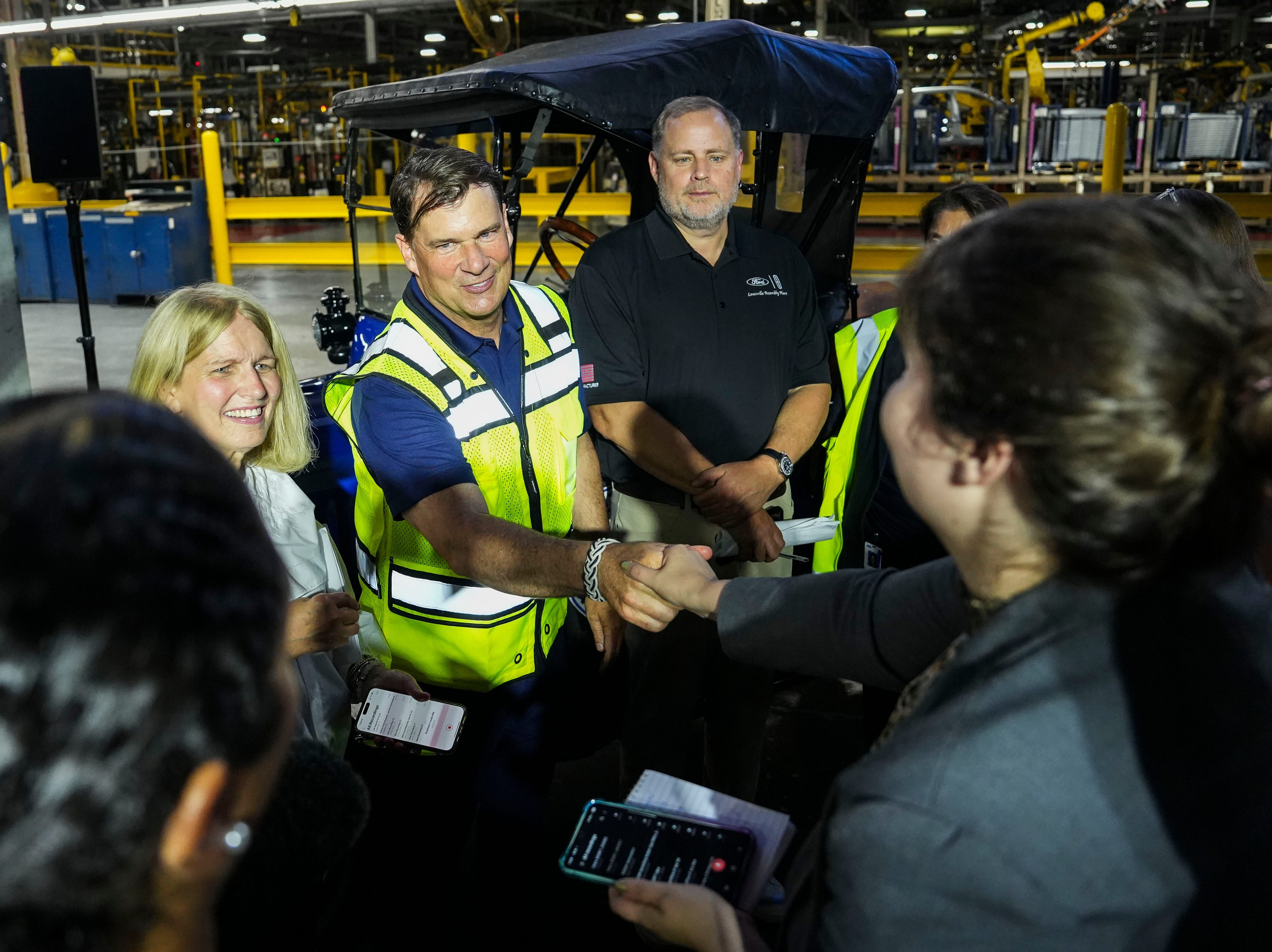 Ford CEO Jim Farley talks to a large media group at the Louisville Assembly Plant Monday morning, August, 11, 2025 where the giant auto and truck manufacturer announced plans to invest $5 billion and create roughly 4,000 jobs focused on EV production across the Louisville Assembly Plant and the Blue