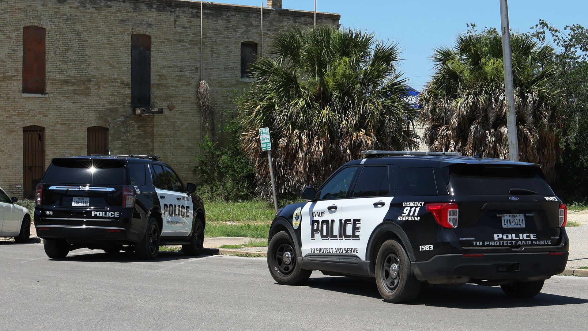 Uvalde police cars are seen near City Hall on May 26, 2022 in Uvalde, Texas.