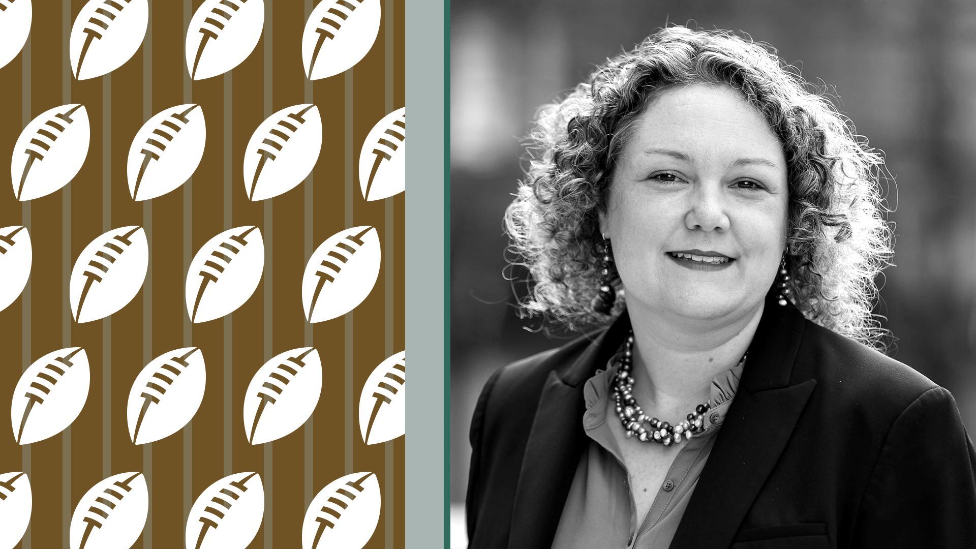 Photo illustration of Katie Hill surrounded by a repeating pattern of footballs.  