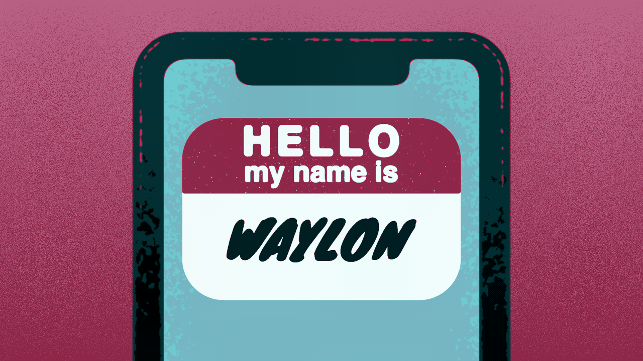 Animated illustration of a phone cycling through name tags reading Hello, my name is WAYLON, MARGOT, SILAS, and DAPHNE.