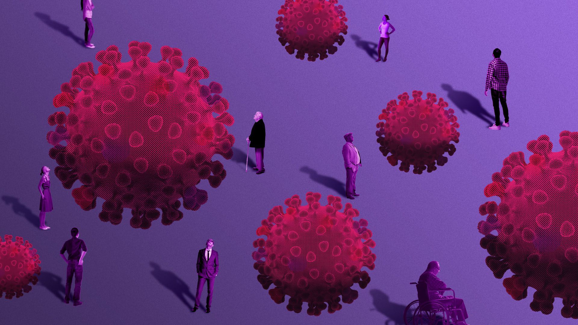 Illustration of people looking up at large floating viruses