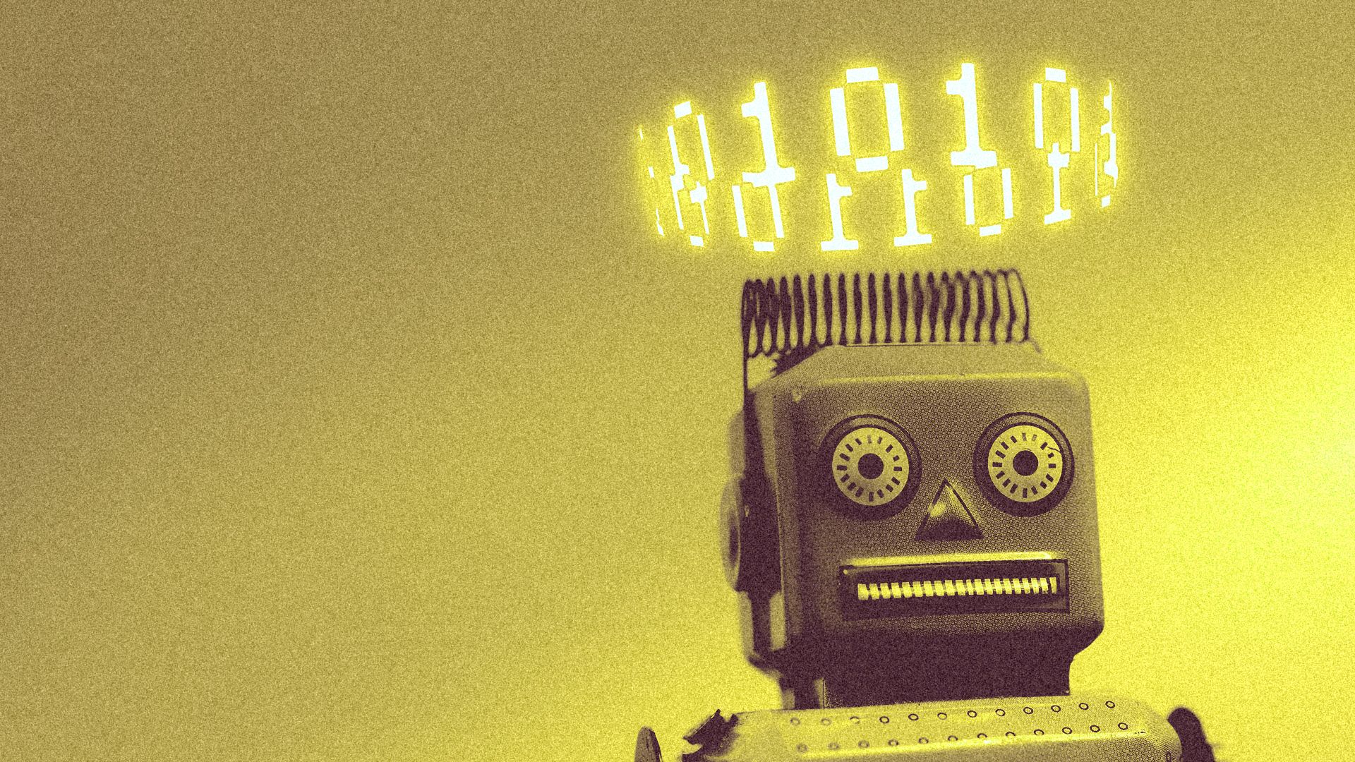 Illustration of a vintage toy robot with a crown or halo of glowing binary code over its head.