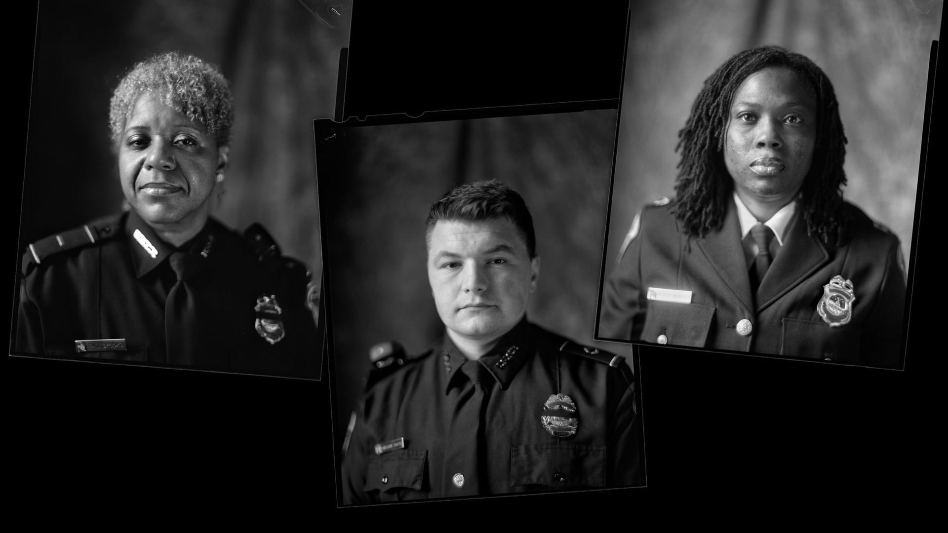 Black and white photos of Capitol Police officers in uniform
