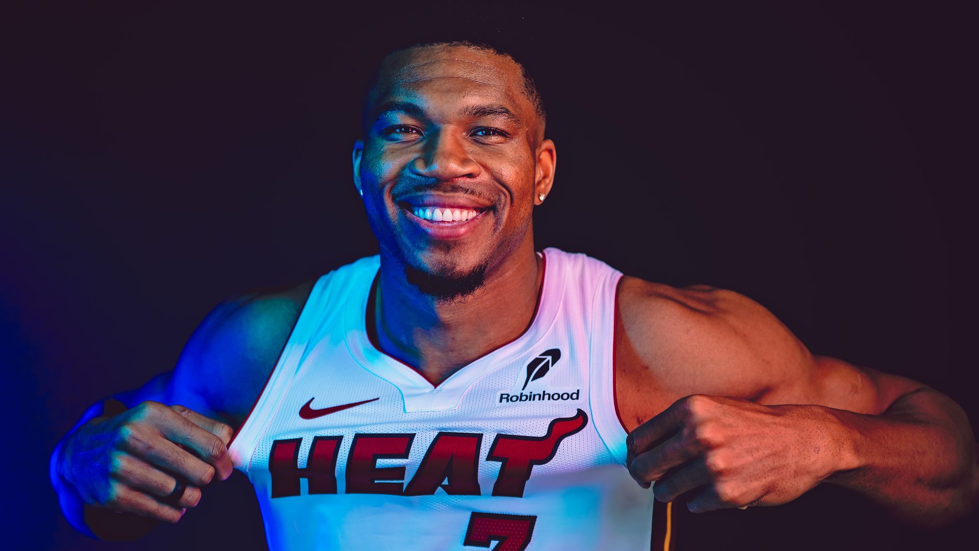 Giannis Antetokounmpo #7 of the Miami Heat poses for a portrait during media availability at Kaseya Center 