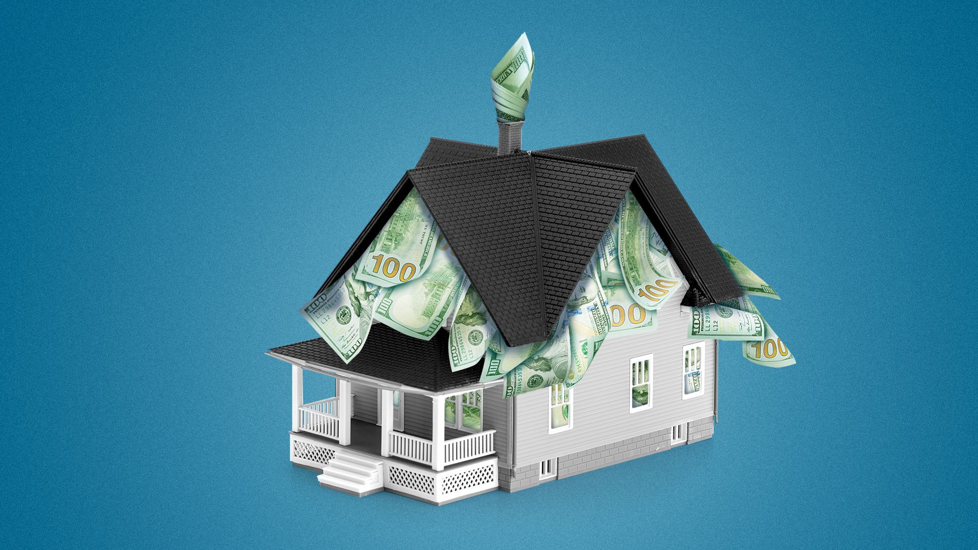Illustration of a house stuffed to the brim with money, with some bills sticking out from the roof. 