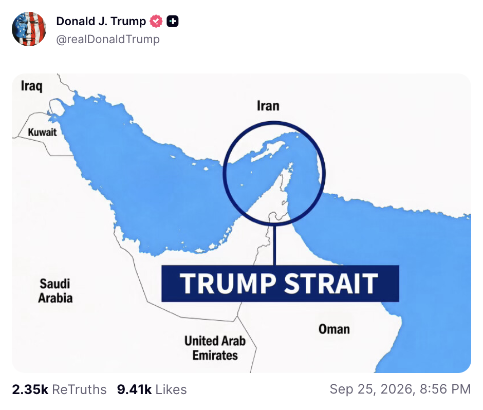 Image from Truth Social of "Trump Strait" map