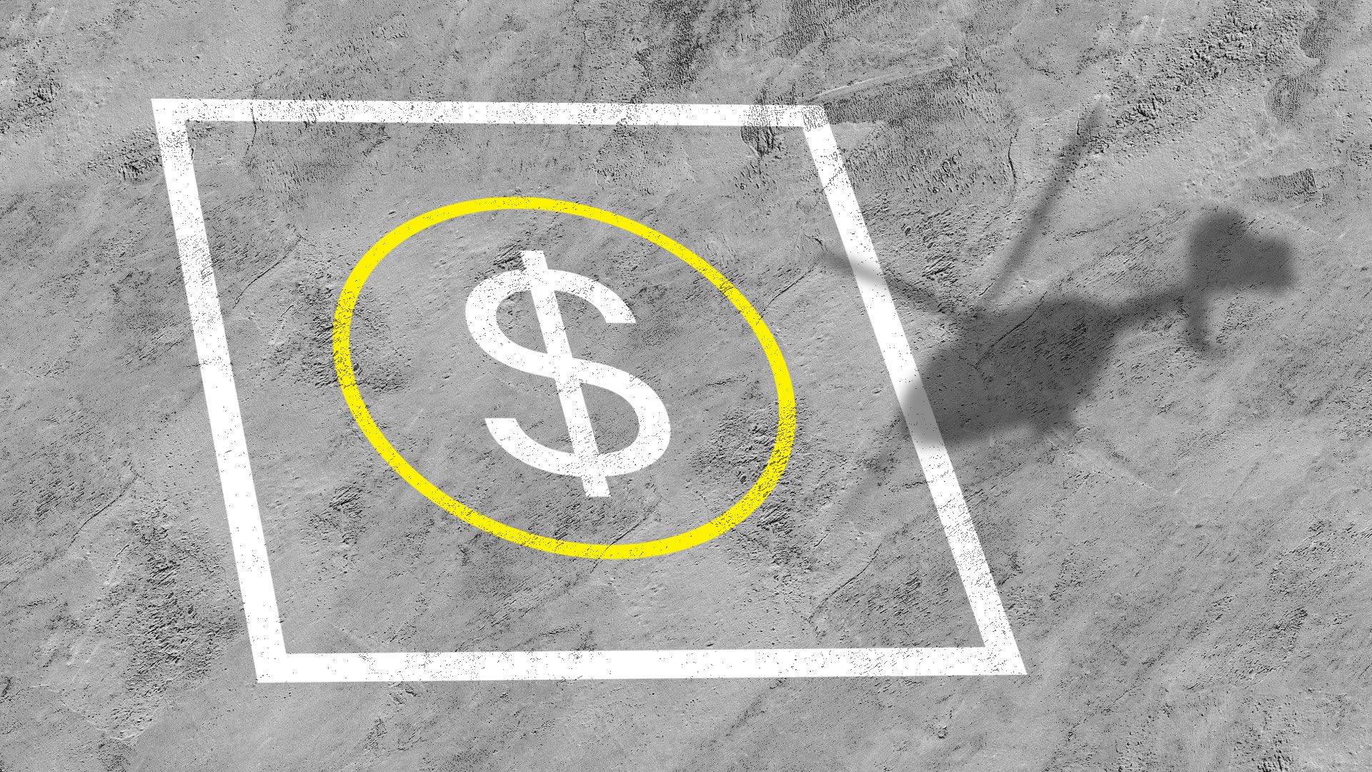 Helicopter shadow against a cash sign.