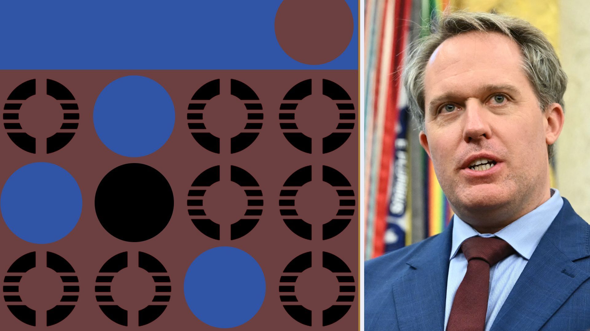 Photo illustration of Jacob DeWitte, CEO of Oklo Inc., surrounded by abstract squares and a nuclear power plant blueprint.