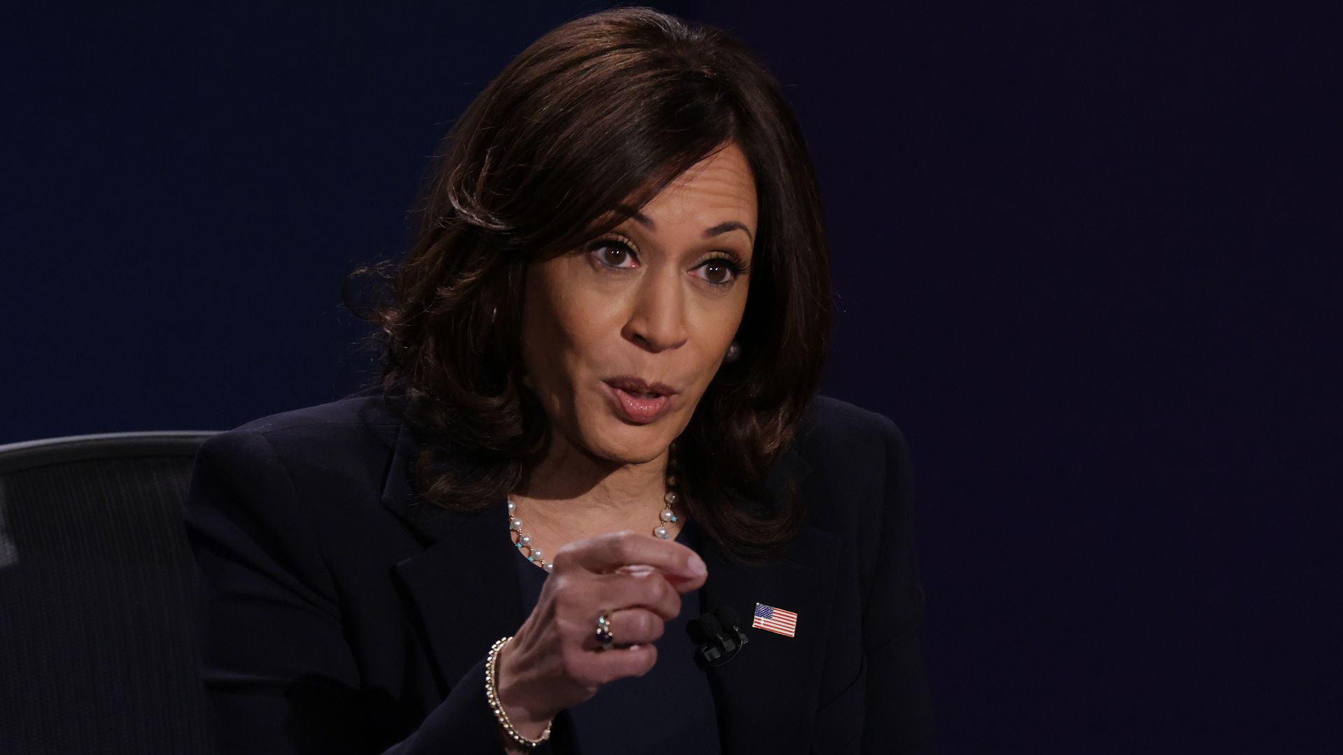 Photo of Kamala Harris gesturing during vice presidential debate