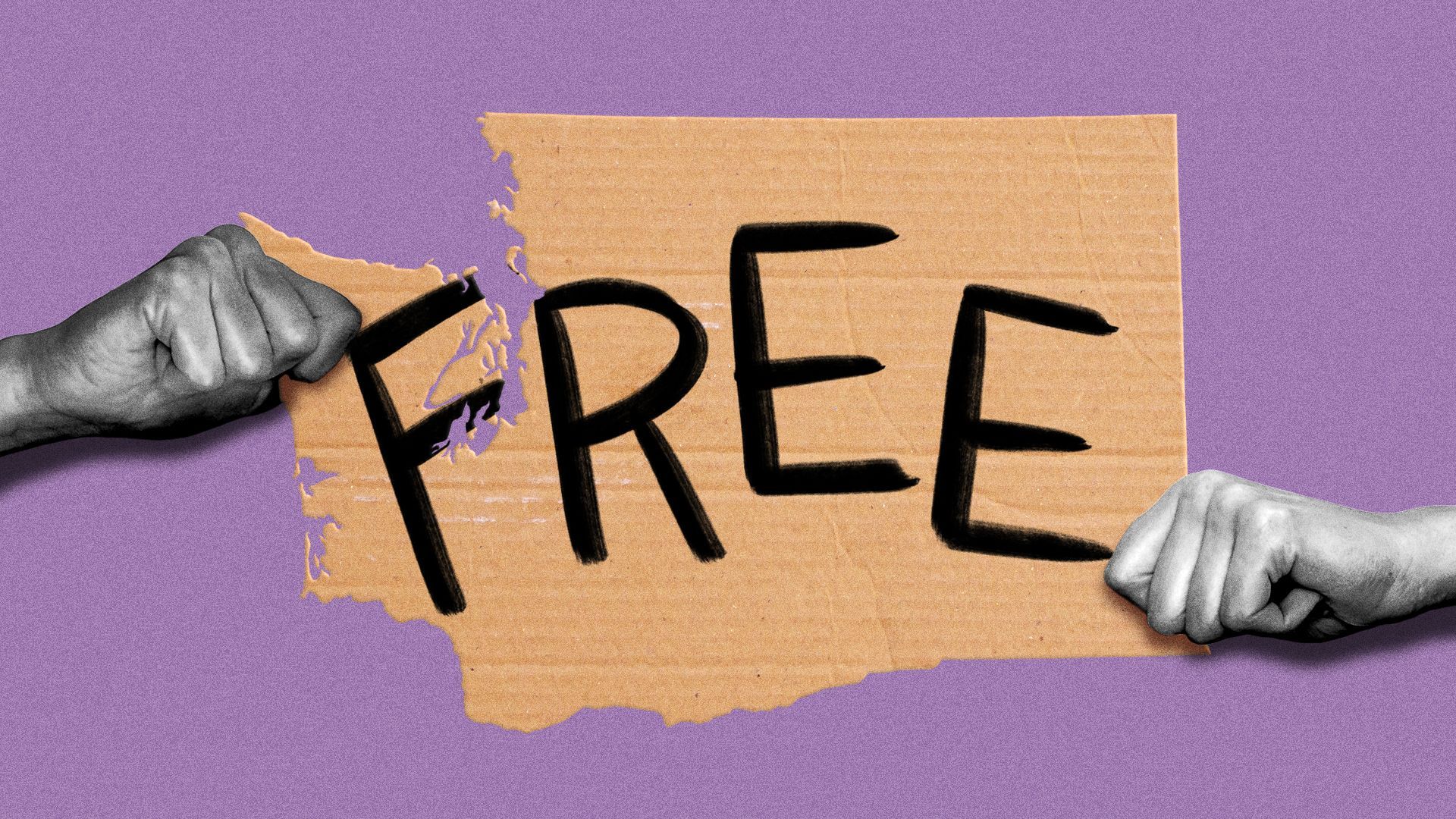 Illustration of two hands fighting over a "FREE" sign shaped like Washington.