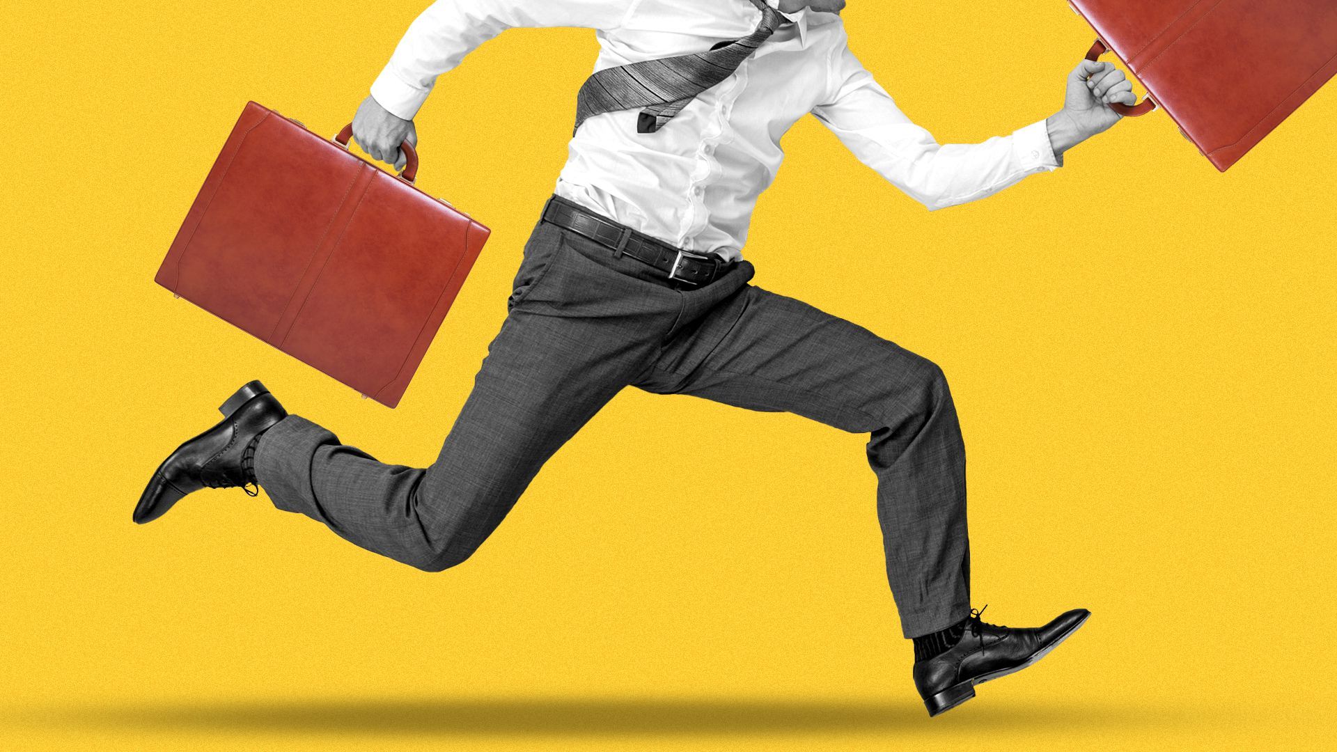 Illustration of a suited business person running with a briefcase in each hand.