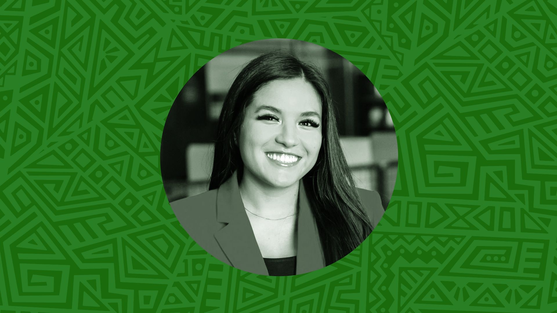 Photo illustration of Elvia Perez surrounded by an abstract patterned background.