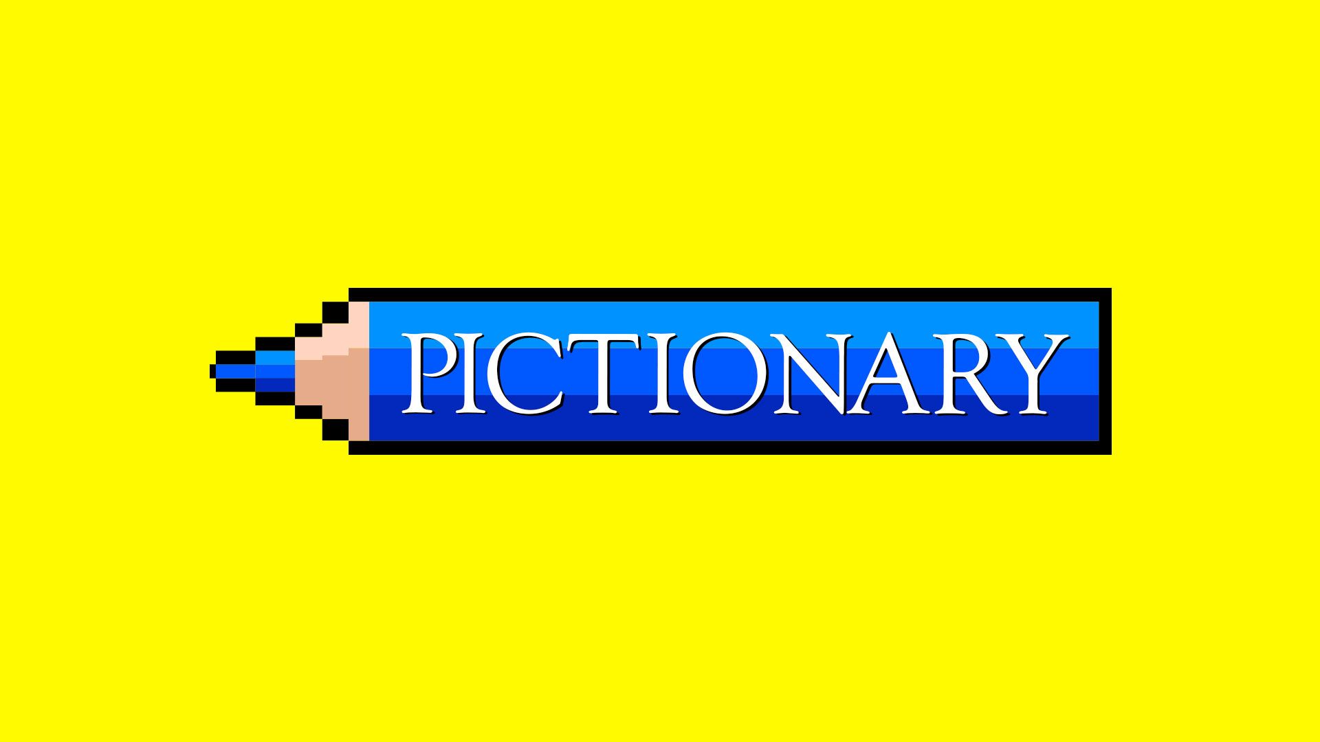 Illustration of the Pictionary logo on top of a pixel art style pencil.