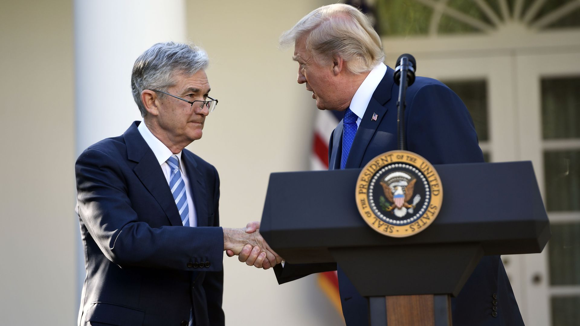 US President Donald Trump shakes hands as he announces his nominee for Chairman of the Federal Reserve, Jerome Powell, in the Rose Garden of the White House in Washington, DC, 