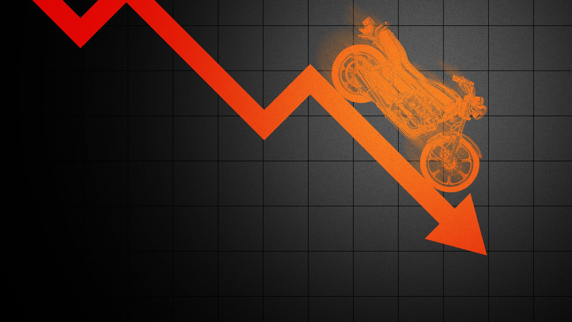 Illustration of a motorcycle riding down an orange downward trending line. 